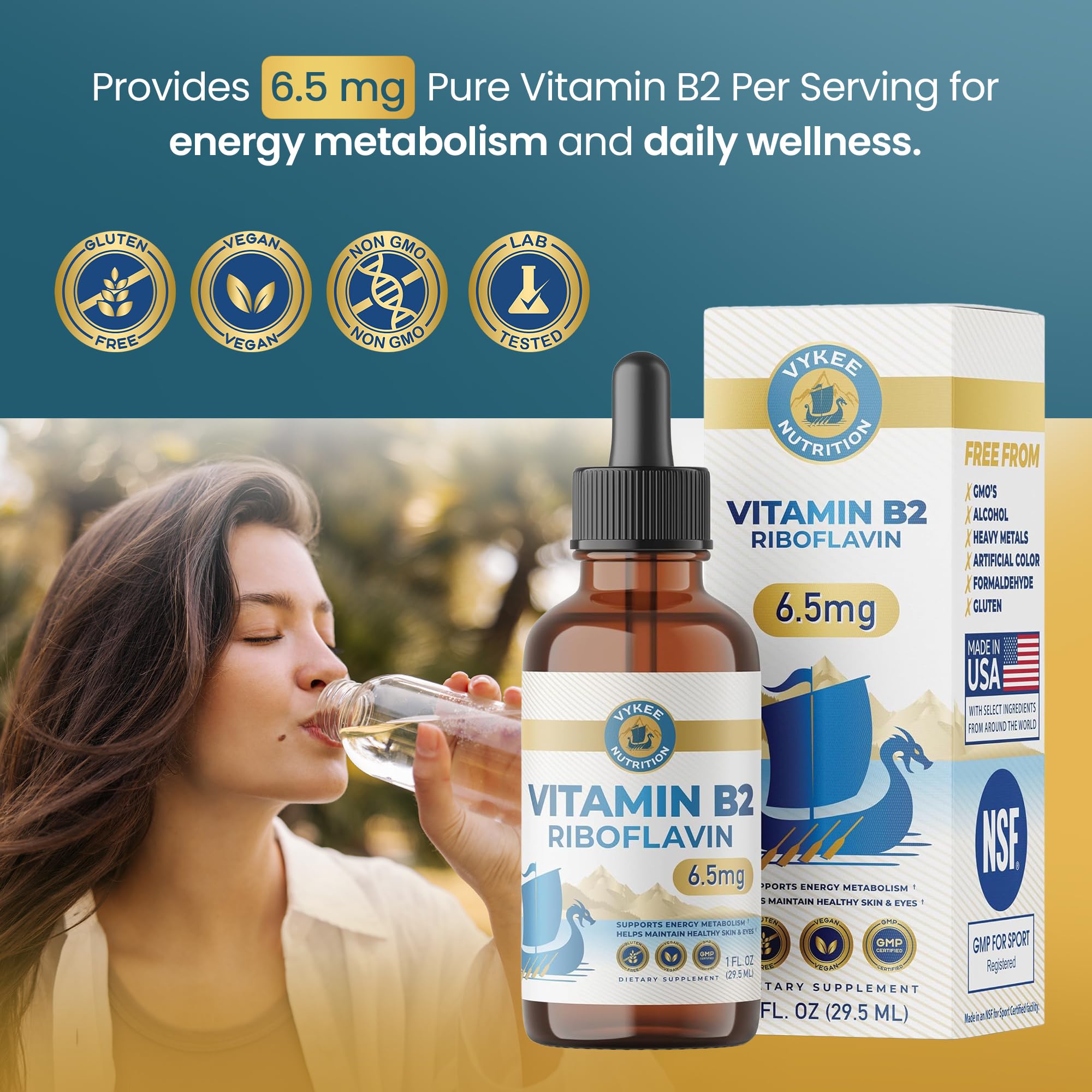 Vykee Nutrition Vitamin B2 Riboflavin Drops - Liquid B2 Supplement for Energy Metabolism, Cellular Function and Vision Support - Vegan, Non-GMO, Gluten-Free