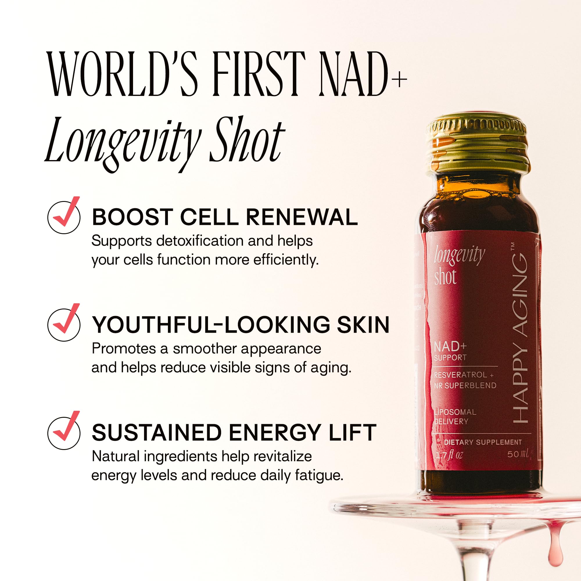 Happy Aging Liquid NAD+ Resveratrol Supplement, NMN Alternative, Liposomal Nicotinamide Riboside & Antioxidants for Energy Support, Brain Health, Firm Skin, Twice Weekly Use, 30 Shots Happy Aging Au supplements