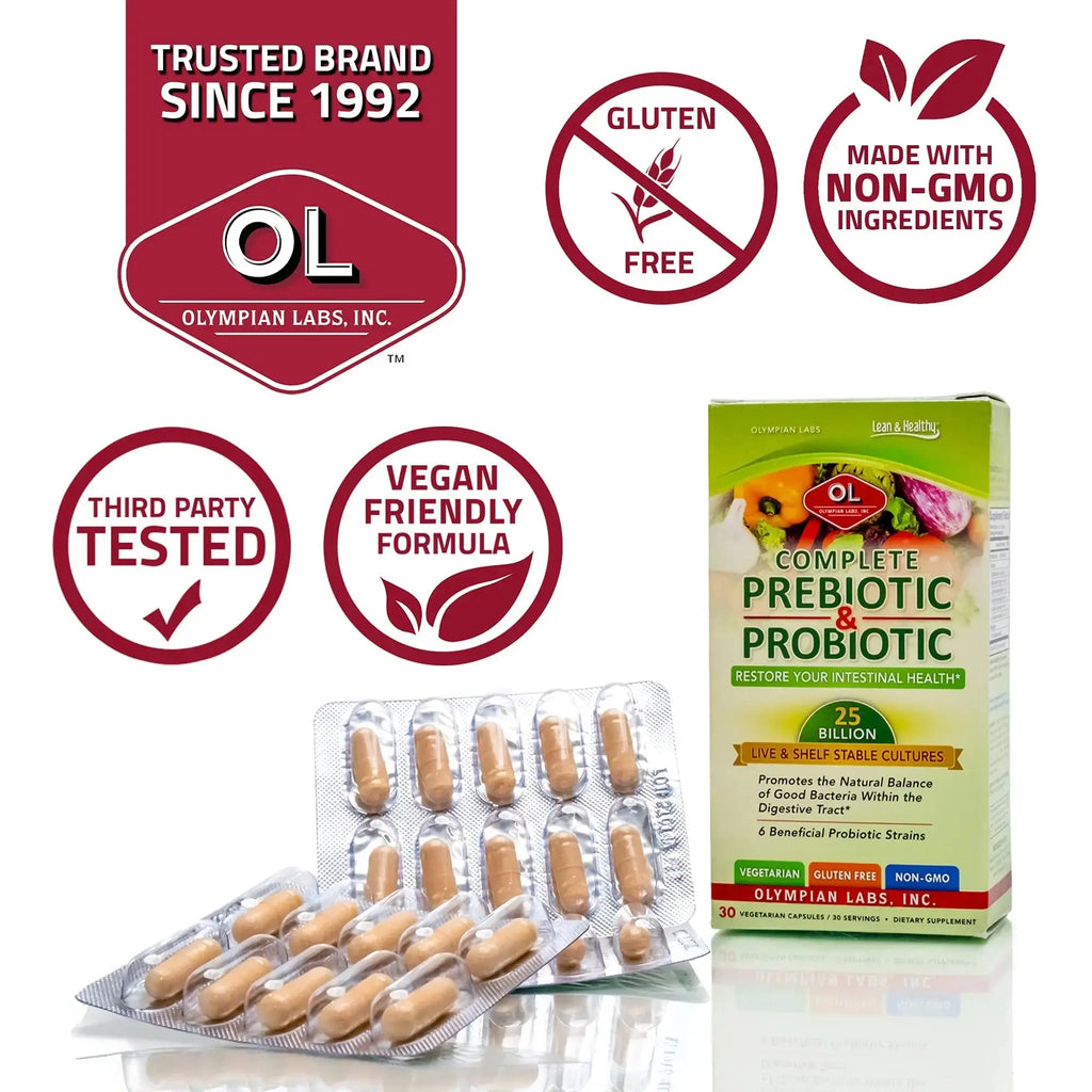 Olympian Labs Complete Prebiotic and Probiotic Supplement - 25 Billion Live Shelf Stable Cultures - 30 Vegetarian Capsules Olympian Labs Au supplements