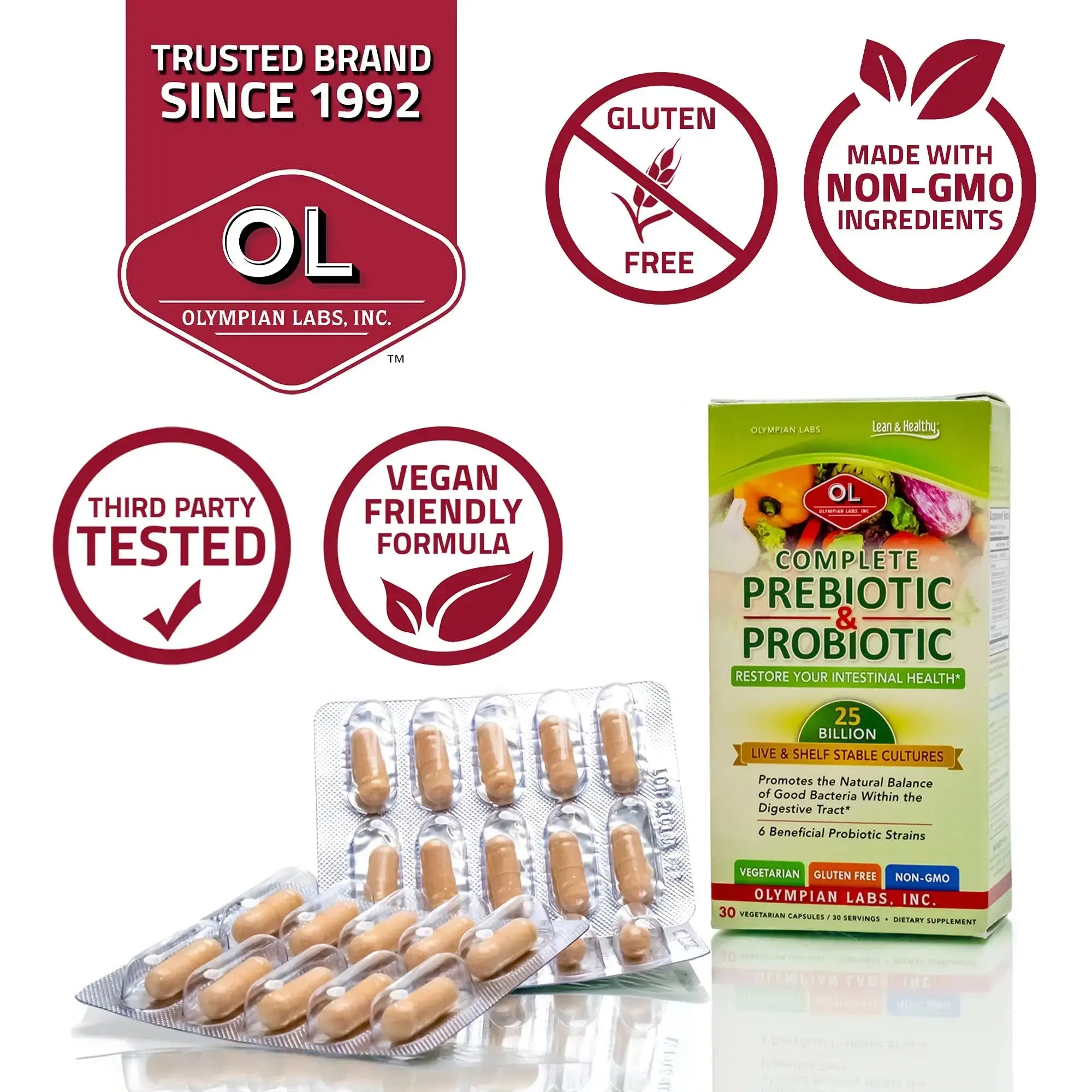Olympian Labs Complete Prebiotic and Probiotic Supplement - 25 Billion Live Shelf Stable Cultures - 30 Vegetarian Capsules Olympian Labs Au supplements