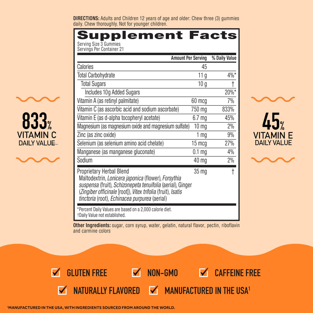 Airborne 750mg Vitamin C Gummies for Adults, Immune Support Gummies with Powerful Antioxidants VIT C & E, Caffeine Free