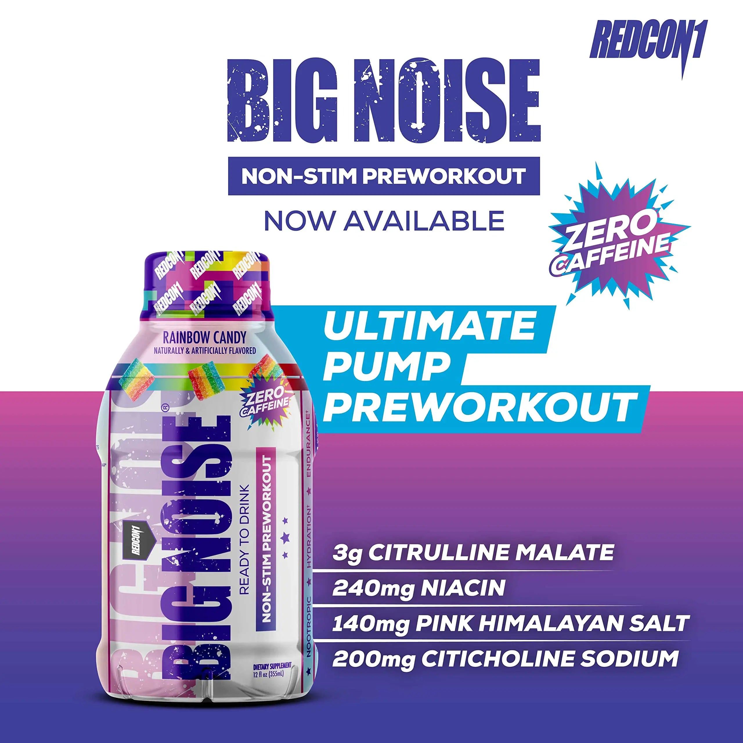 REDCON1 Big Noise RTD Pre Workout Drink, Rainbow Candy - Caffeine-Free Ready-to-Drink REDCON1 Au supplements