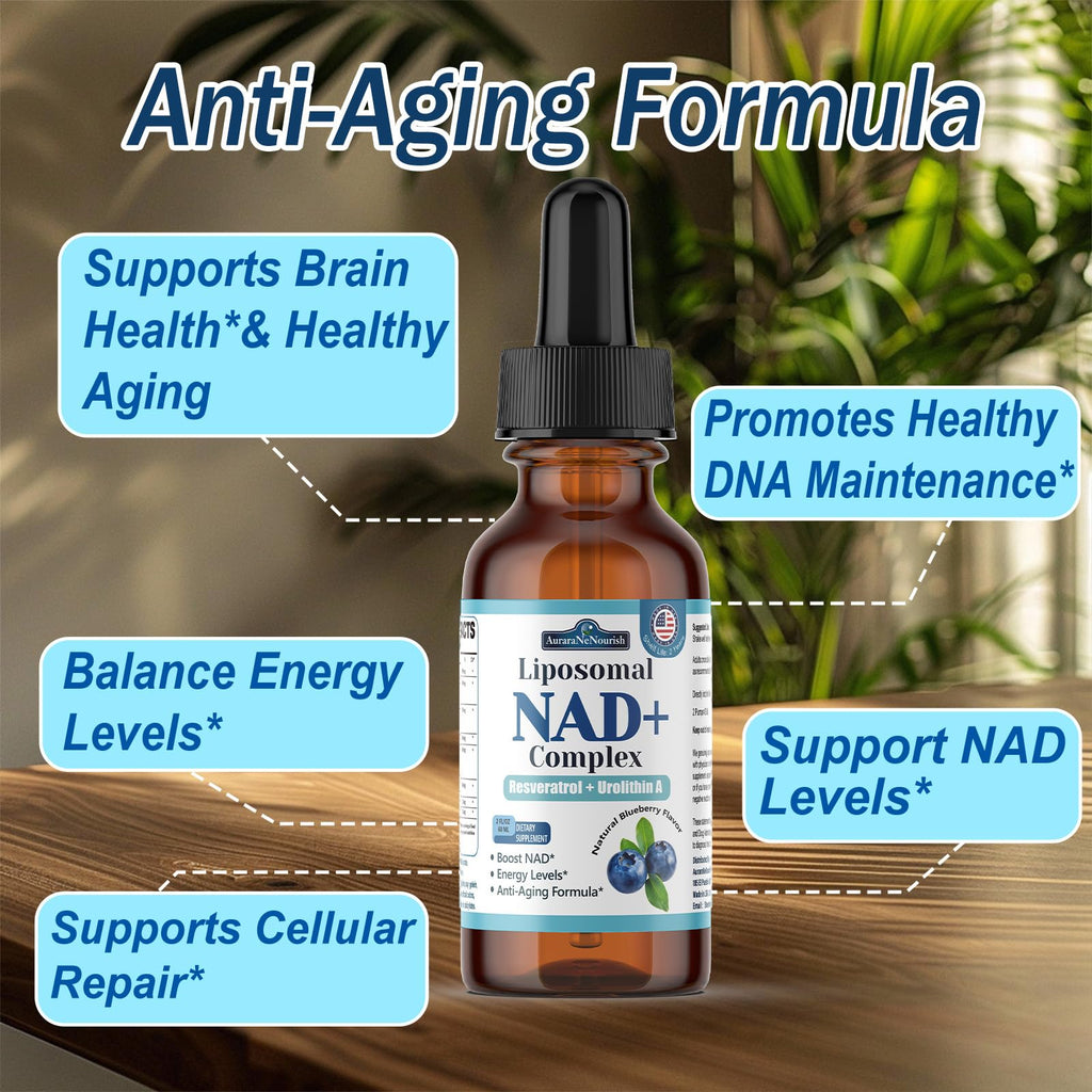 Liposomal NAD+ Liquid Drops, 8-in-1 NAD⁺ Nicotinamide Riboside Resveratrol 900mg w. Quercetin & Urolithin A | Fast Absorption NAD+ Supplement with CoQ10, ALA | Cellular Energy, Anti-Aging, Vitality AuraraNeNourish Au supplements