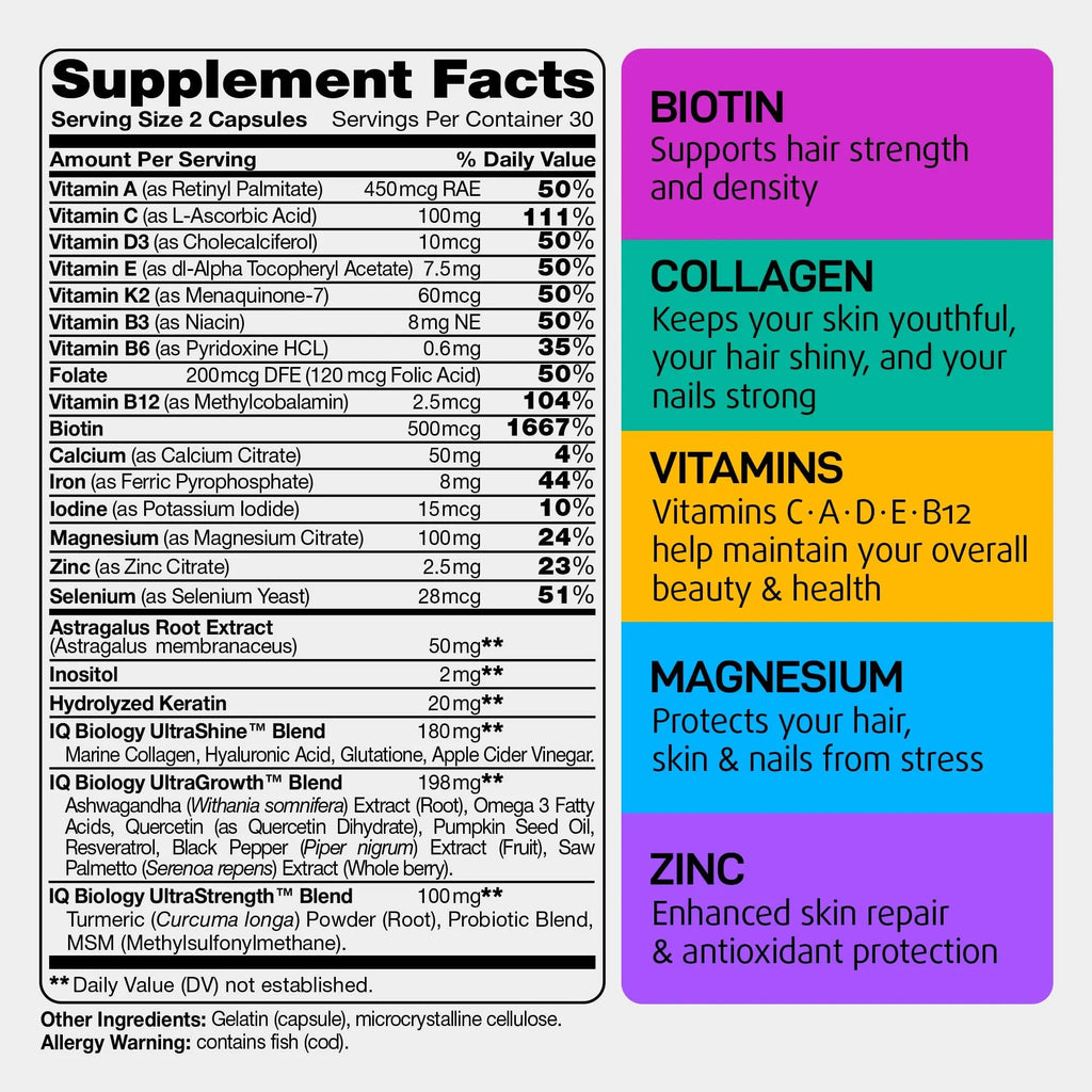 IQ BIOLOGY Biotin Collagen Keratin Astragalus Magnesium Ashwagandha Vitamin D3 Vitamin C IQ BIOLOGY Au supplements