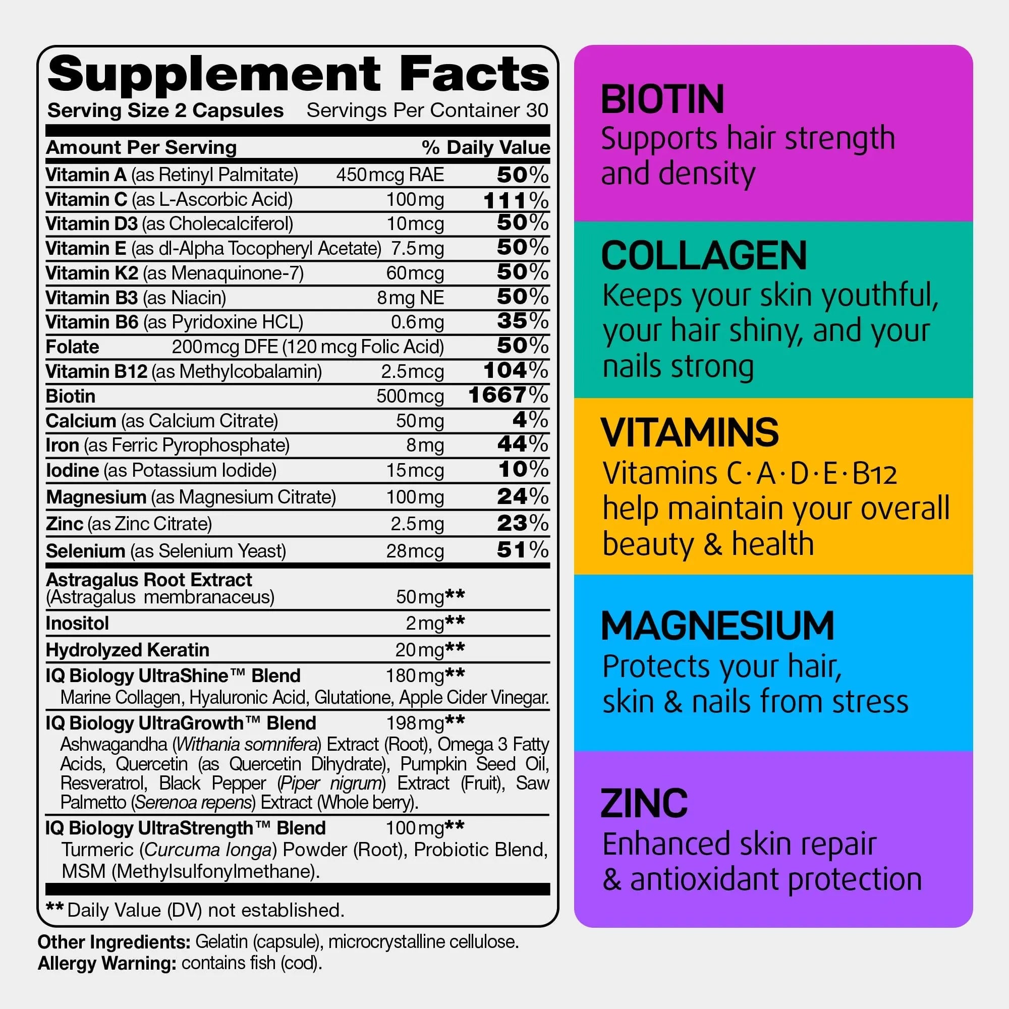 IQ BIOLOGY Biotin Collagen Keratin Astragalus Magnesium Ashwagandha Vitamin D3 Vitamin C IQ BIOLOGY Au supplements