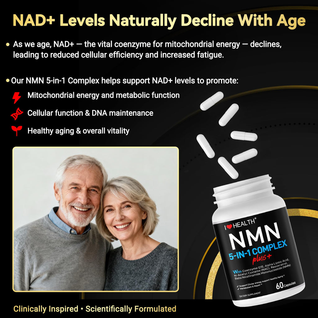 I LOVE HEALTH NMN Complex Plus+ for Women & Men with NAC, Alpha Lipoic Acid, CoQ10 & Resveratrol – 5-in-1 Cellular Energy & Healthy Aging Support – 60 Capsules, Non-GMO, Made in USA I LOVE HEALTH Au supplements