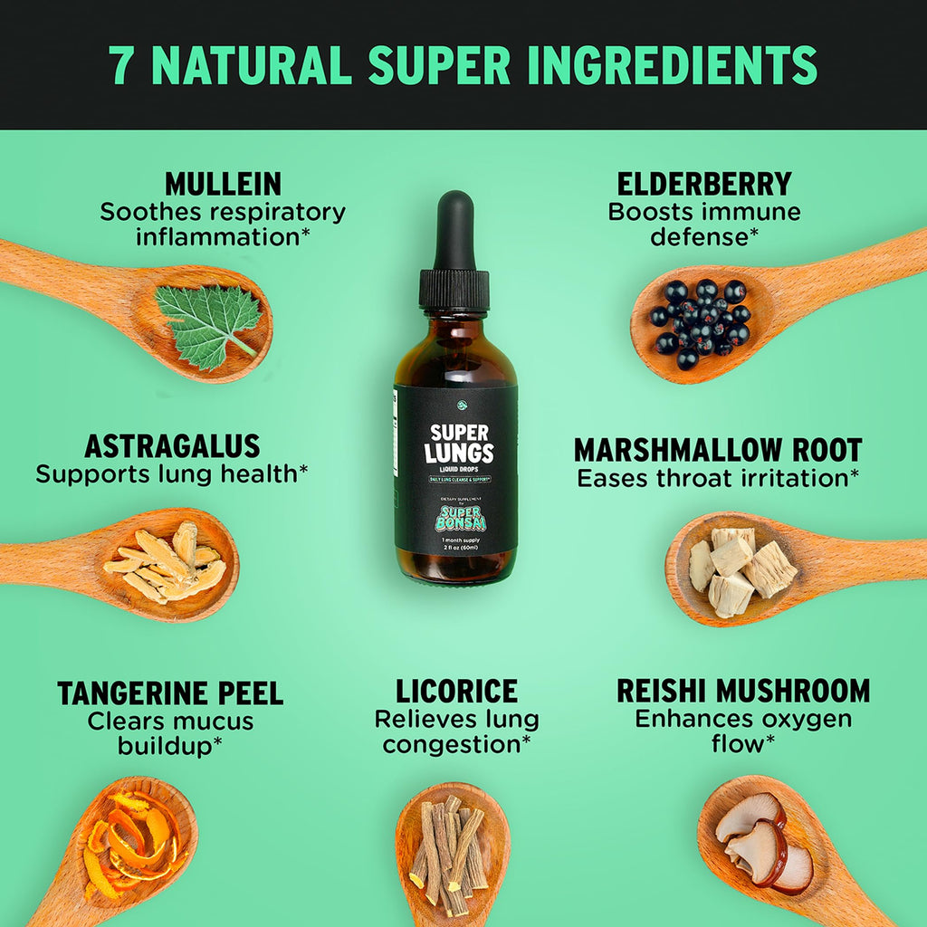 SuperBonsai Super Lungs Mullein Drops – Herbal Lung Support Tincture with Mullein Leaf Extract Elderberry Reishi Marshmallow Root