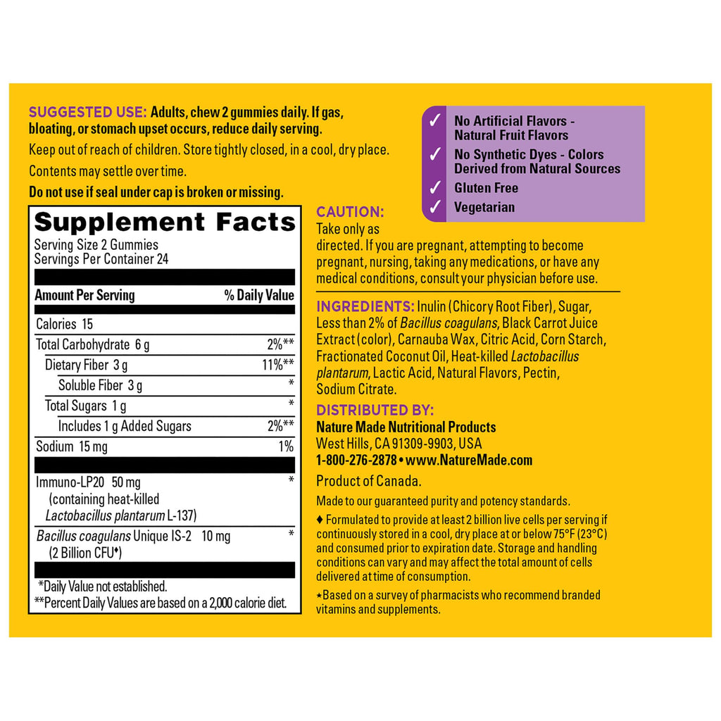 Nature Made Triple-Action Biotics, Gut and Immune Health Support, Digestive Probiotics for Women and Men, Prebiotic Fiber Gummies, 48 Gummies, 24 Day Supply