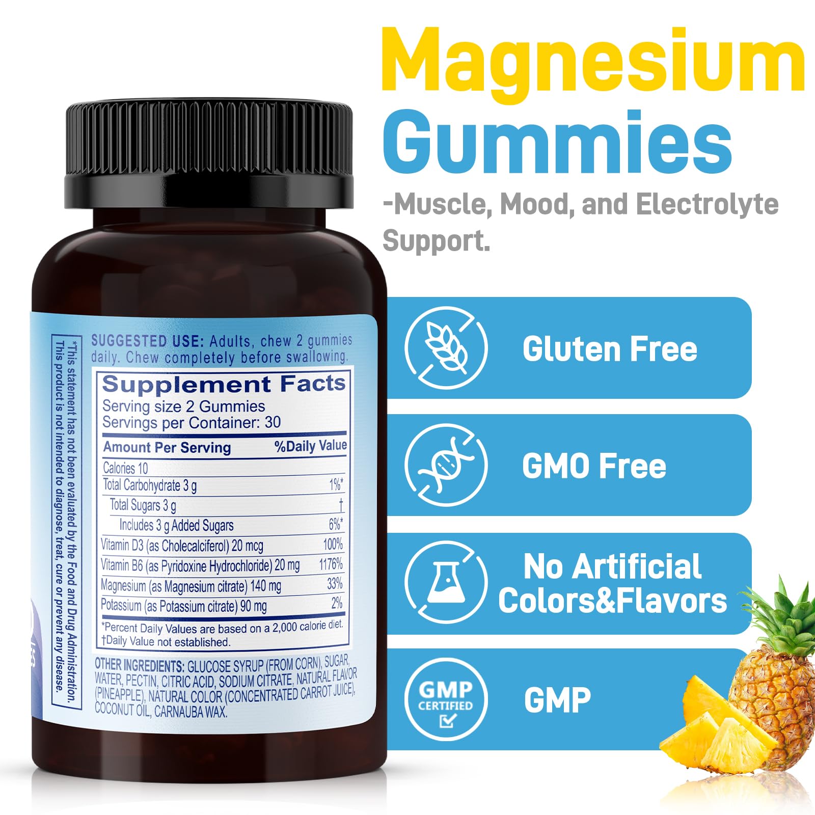 Biobor Potassium Magnesium Gummies, Magnesium Citrate & Potassium Citrate Supplements with Vitamin D3, B6 for Electrolyte Balance, Muscle, Leg Cramps, GMO Free Gluten Free (Pineapple,60 Count) Biobor Au supplements