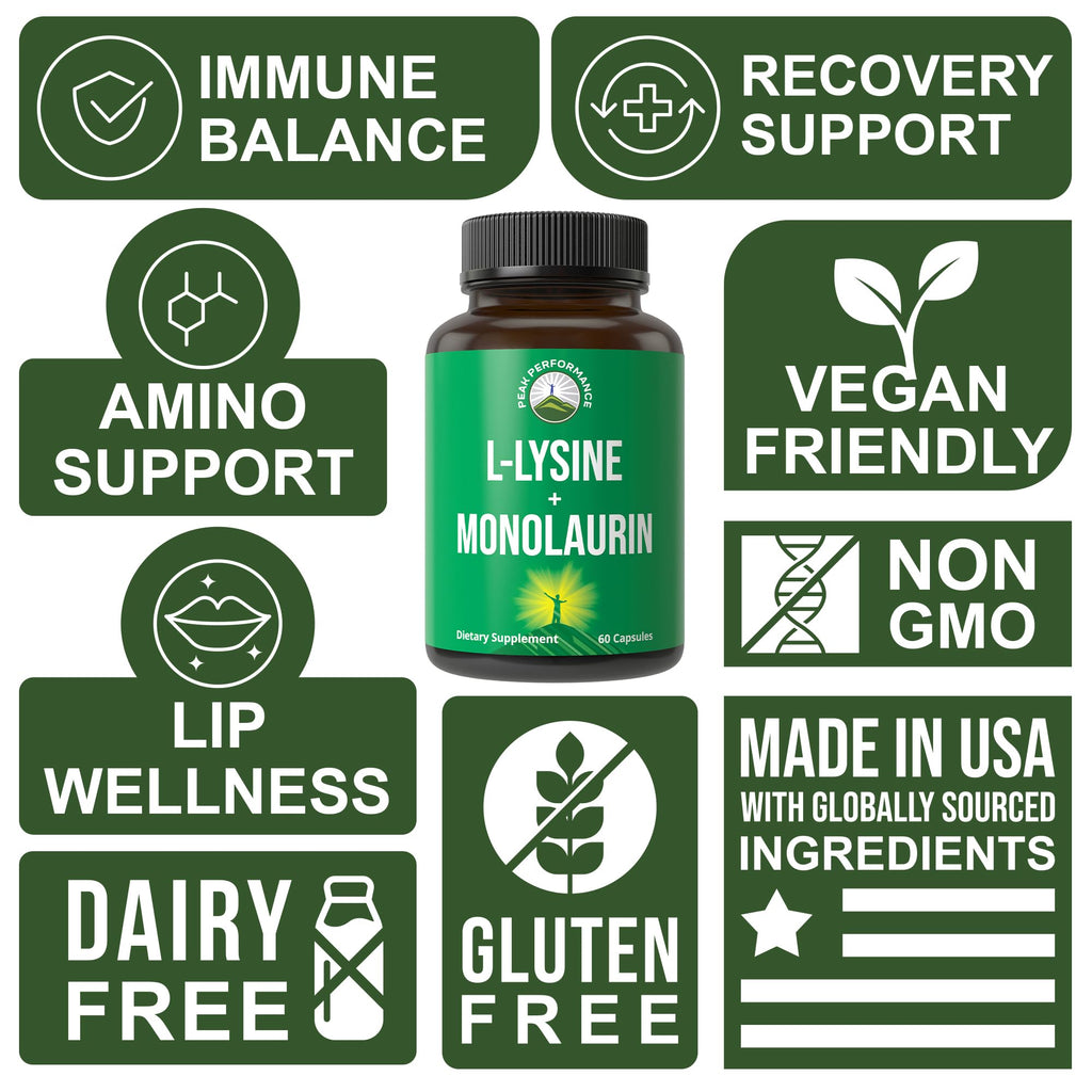 Peak Performance L Lysine 1000mg + Monolaurin 500mg High Potency Supplement for Lips, Skin, & Immune Support - L-Lysine 2-in-1 Bioavailable Supplements