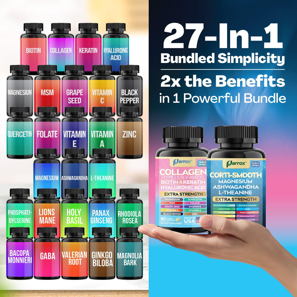 Parrox Shining Serenity Set, Cortisol Support with Ashwagandha, L-Theanine, Magnesium, Lions Mane, GABA, Bacopa Monnieri, Collagen I, II, III, V, X, Folate, Biotin, Keratin, Hyaluronic Acid, Quercetin Parrox Au supplements