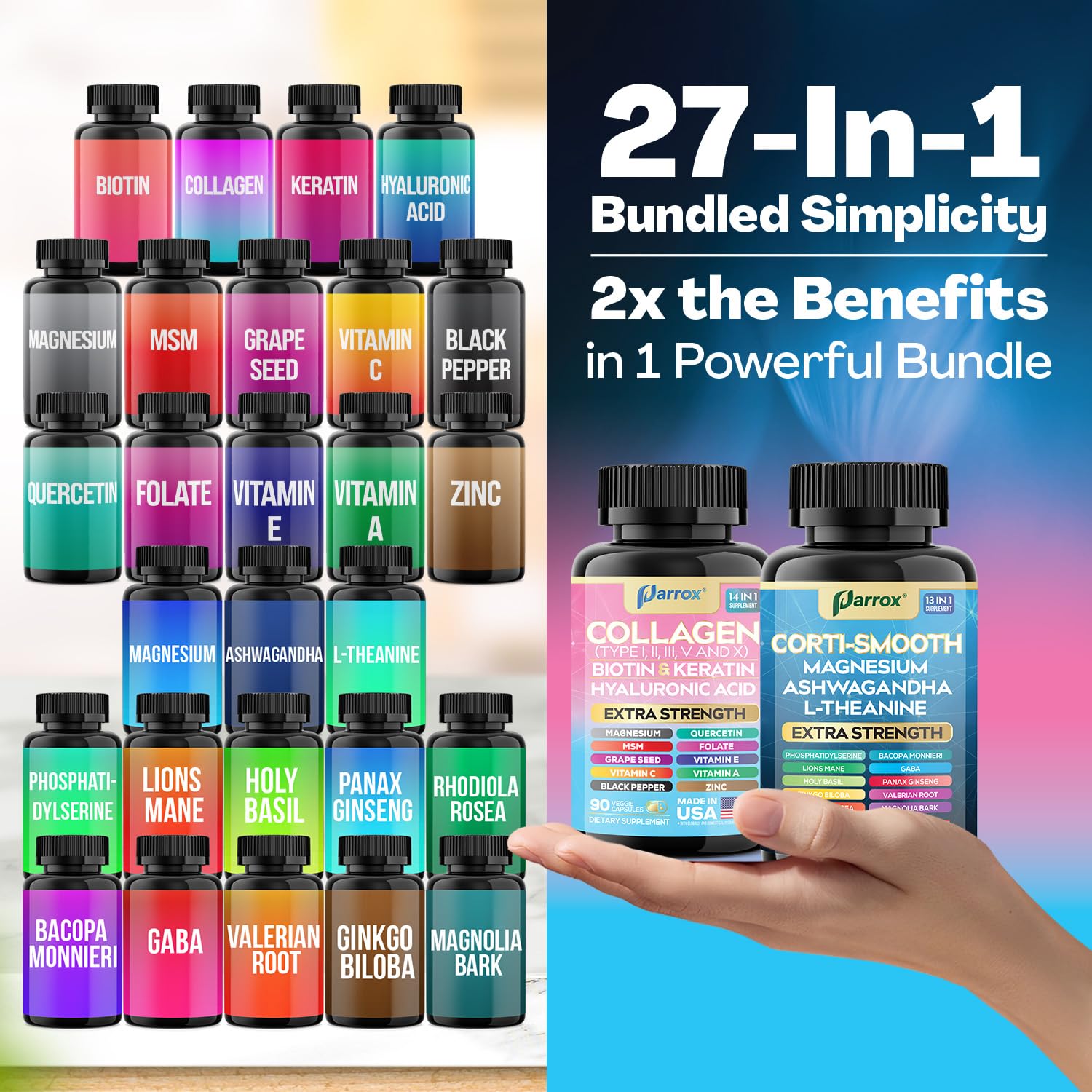 Parrox Shining Serenity Set, Cortisol Support with Ashwagandha, L-Theanine, Magnesium, Lions Mane, GABA, Bacopa Monnieri, Collagen I, II, III, V, X, Folate, Biotin, Keratin, Hyaluronic Acid, Quercetin Parrox Au supplements