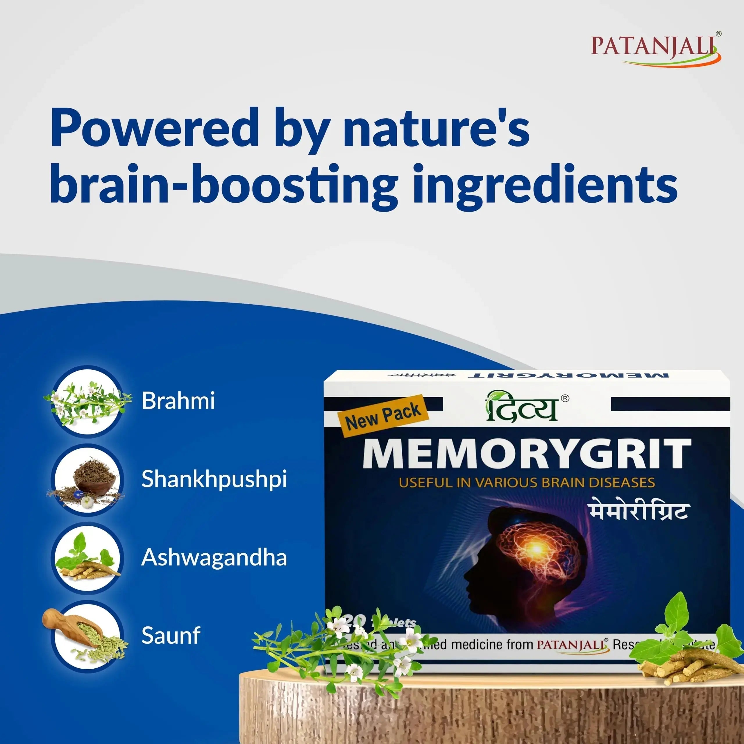 Patanjali Divya Memorygrit 20 Tablets Ayurvedic Supplement for Memory Focus and Brain Health Support (Pack of 1) patanjali Au supplements