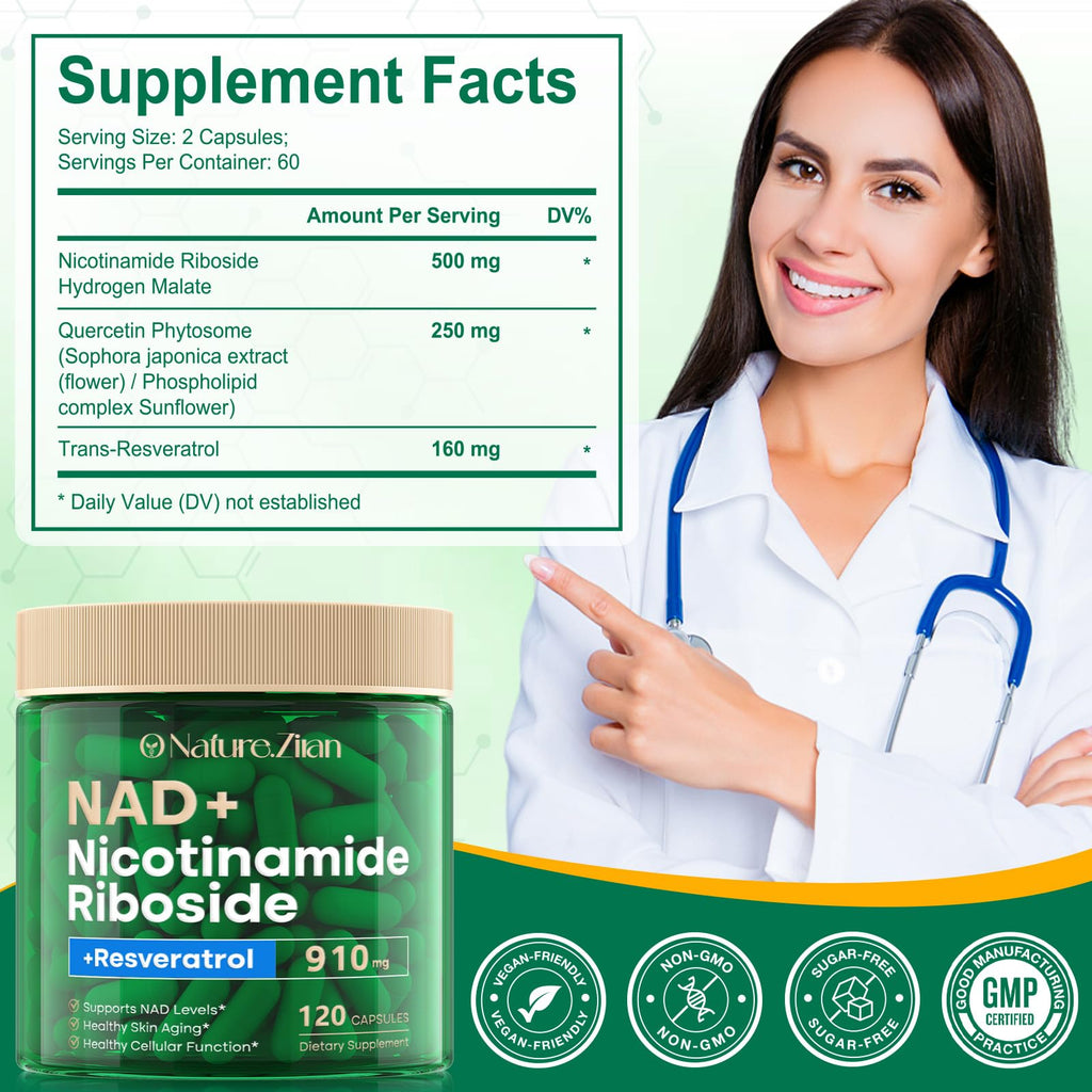 NAD Supplement - NAD+ Nicotinamide Riboside 910 Mg Supplement for Women & Men, Liposomal Nicotinamide Riboside with Resveratrol, for Focus, Boost - 120 Capsules (120 Count (Pack of 1))