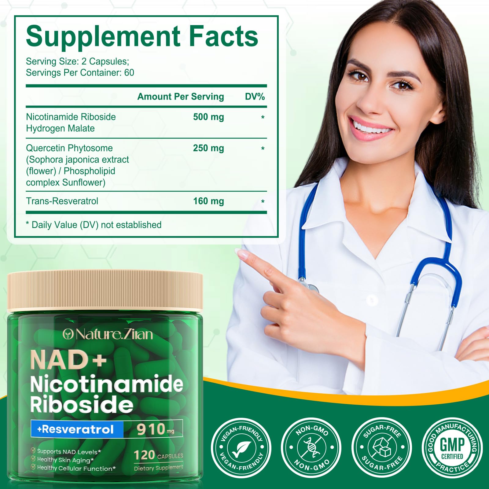 NAD Supplement - NAD+ Nicotinamide Riboside 910 Mg Supplement for Women & Men, Liposomal Nicotinamide Riboside with Resveratrol, for Focus, Boost - 120 Capsules (120 Count (Pack of 1))