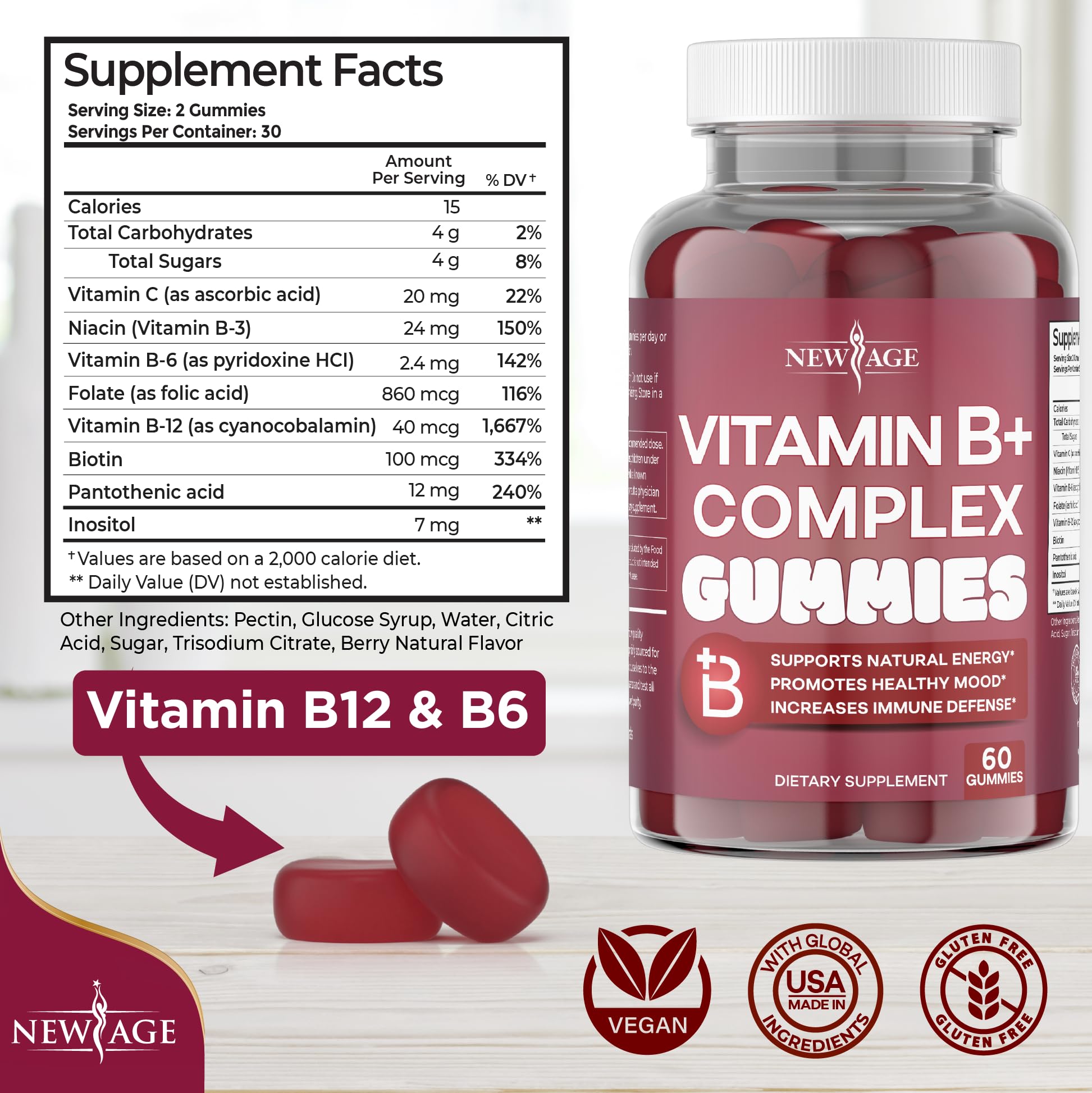 NEW AGE Vitamin B Complex Gummies with Vitamin B3, B6, & B12 – with Biotin, Folic Acid & Vitamin C – Gluten-Free, Vegan