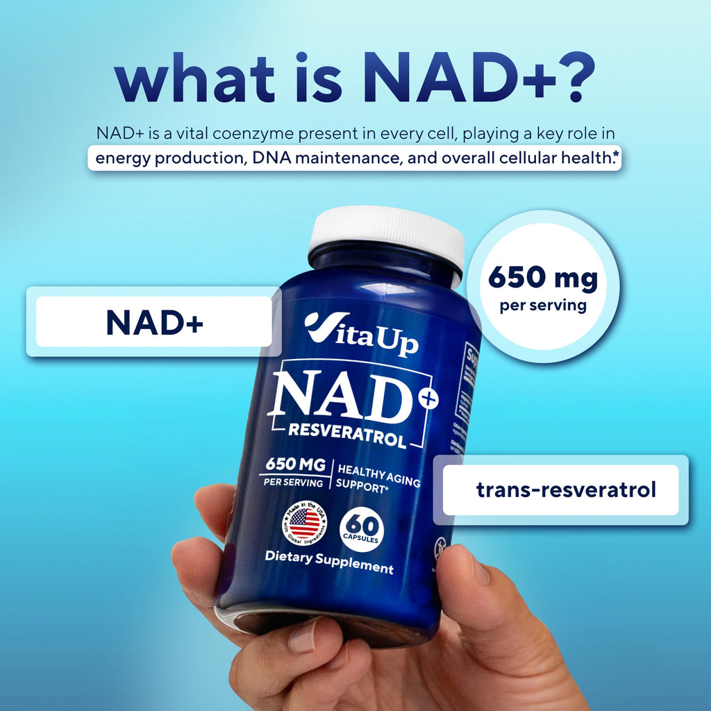VitaUp NAD+ Resveratrol Supplement - USA Made Trans Resveratrol NAD Supplement 650mg - Nicotinamide Adenine Dinucleotide Capsules for Healthy Aging, Energy & Focus Support - 60 Count VitaUp Au supplements