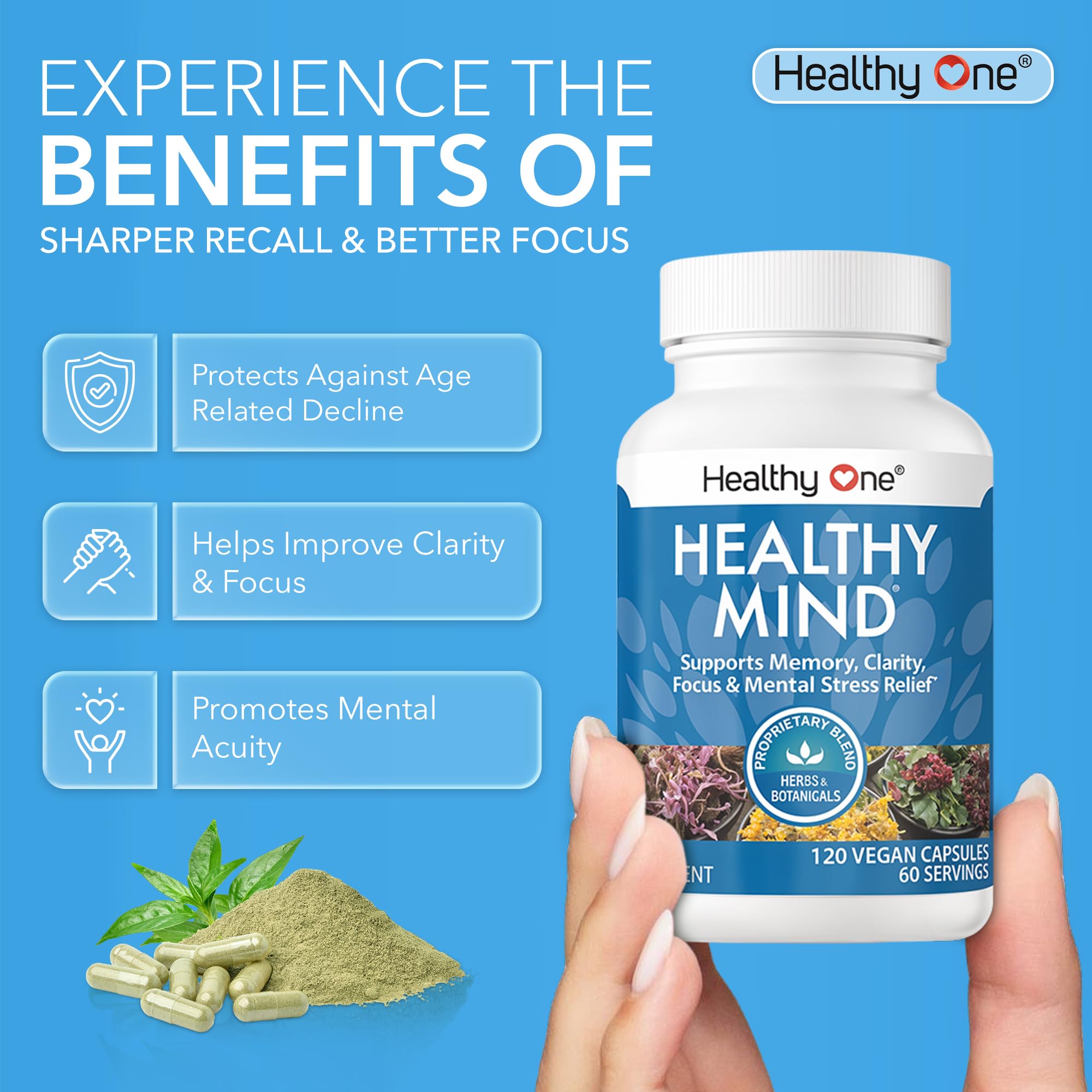 Healthy Mind - Safe for Teens - Brain Fog - Cognitive Function - Concentration - Focus - Neural Optimization - Mood - Ginkgo Biloba - Ginseng - Rhodiola - Bacopa - Gotu Kola - Green Tea - 60 Count Healthy One Au supplements