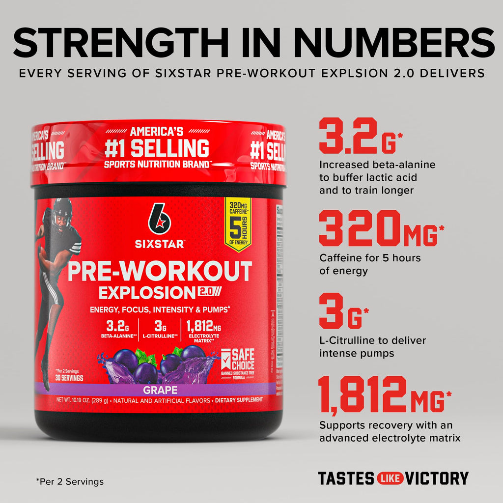 Six Star Pre-Workout Explosion, Grape (30 Servings) - Preworkout Energy Powder Supplement for Men & Women - Workout Drink Mix with L-Tyrosine & Beta Alanine