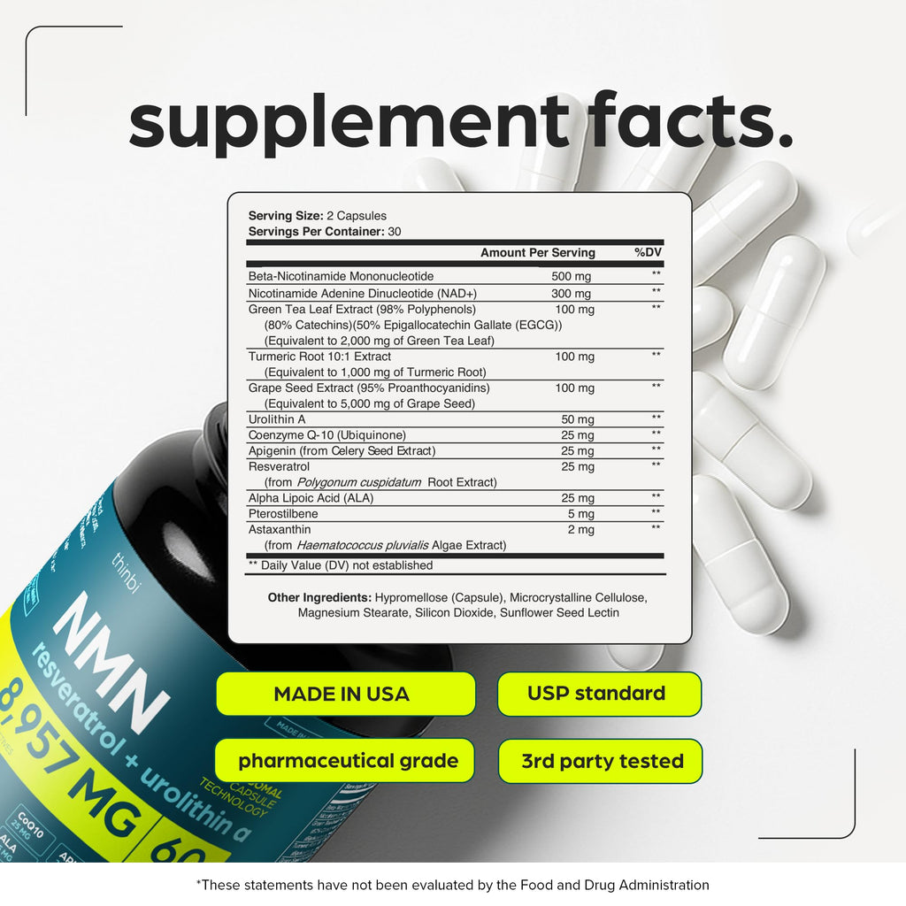 NMN Supplement 8957mg with Real NAD+ Not Just a Booster | Urolithin A, Resveratrol, CoQ10, Alpha Lipoic Acid, Green Tea Extract | Cellular Longevity & Energy Support for Men & Women Thinbi Au supplements