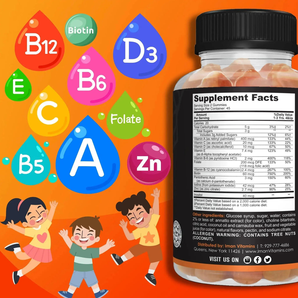 Iman Vitamins Halal Kids Multivitamin Gummies | Vitamin C, D, Zinc, A, E, B6, B12, Biotin, Folate, Inositol | Strengthen Metabolism, Bones & Immunity | Iman Vitamins Au supplements