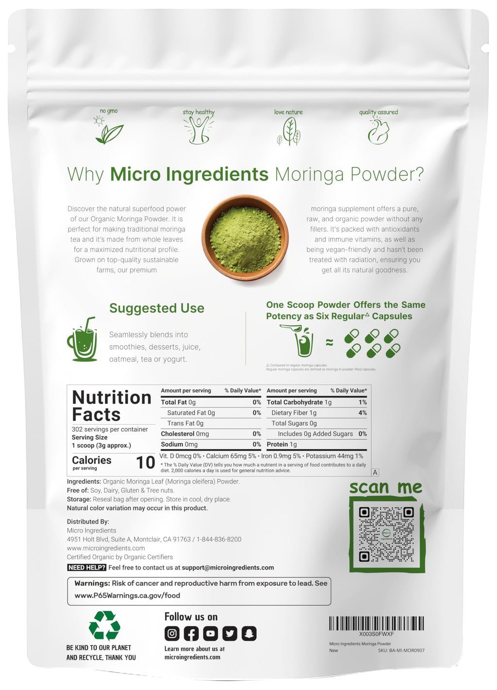 Micro Ingredients Organic Moringa Oleifera Leaf Powder, 2 Pound | Rich in Antioxidants & Immune Vitamins | Pure Leaves Without Stems |