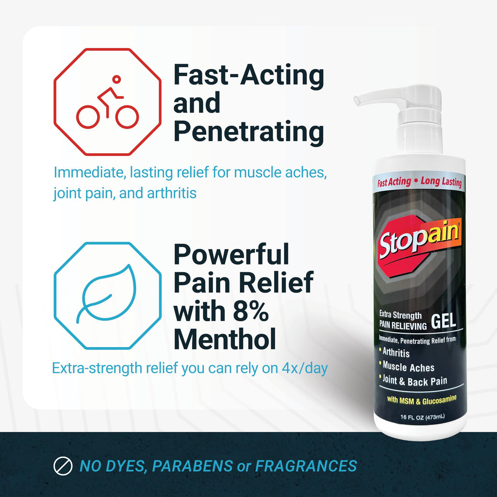 Stopain Pain Relief Gel 16oz, USA Made, Max Strength Fast Acting with Menthol, MSM, Glucosamine for Joint Pain, Back Pain, Arthritis, Knee, Neck Pain, HSA FSA Approved OTC Topical Analgesic Product Stopain Au supplements
