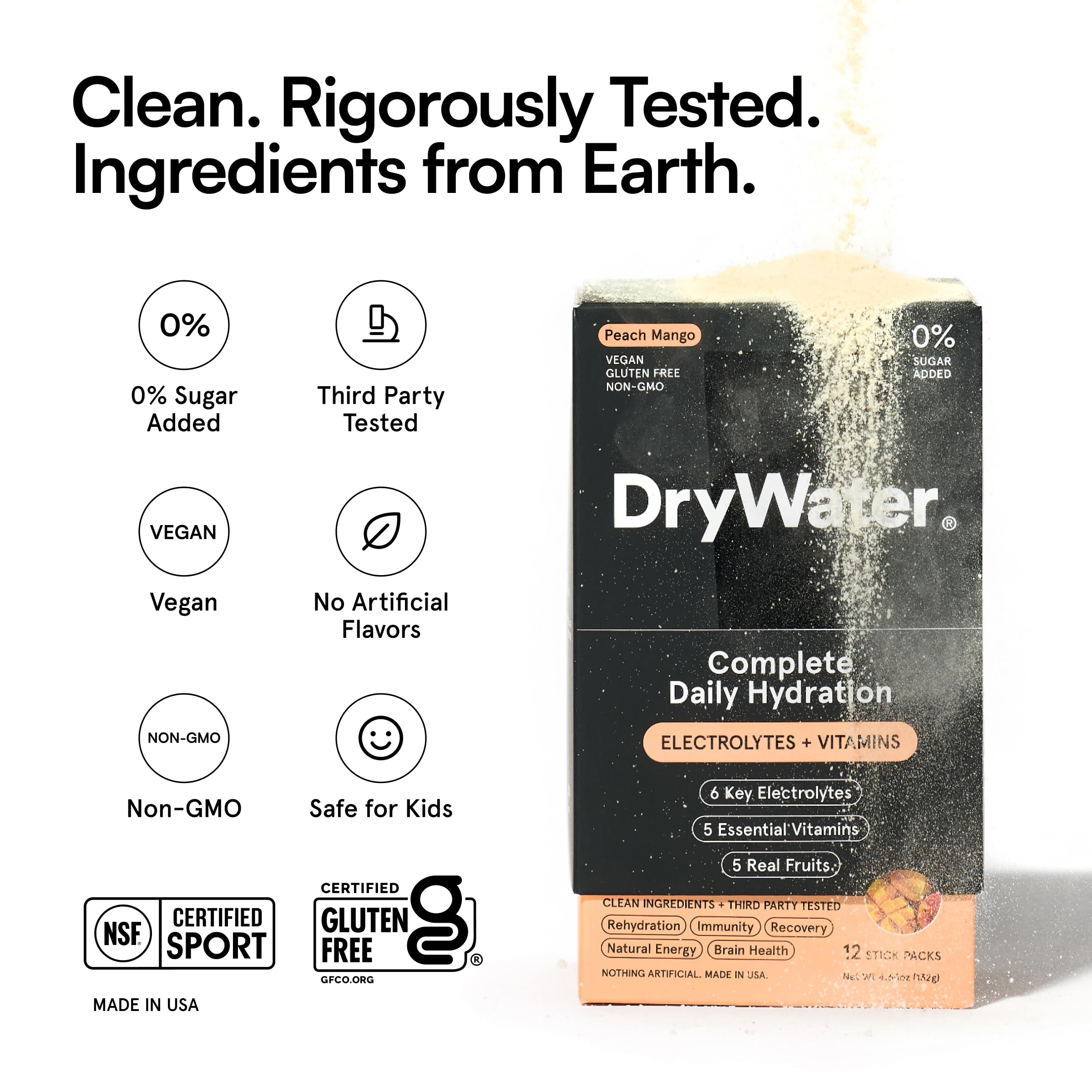 DryWater Electrolyte Powder Packets, Peach Mango - Hydration Packets Drink Mix with Zero Added Sugar for Rehydration & Energy - 6 Key Electrolytes