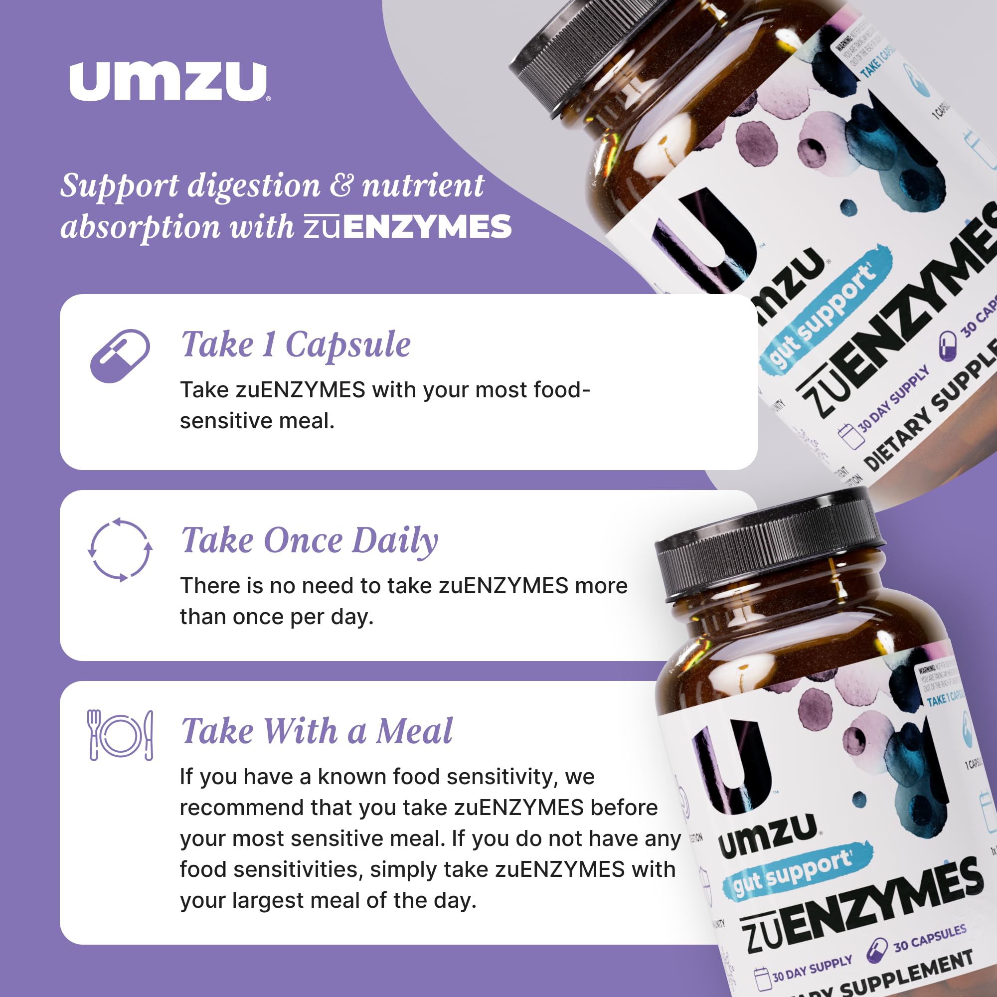 UMZU zuEnzymes Digestive Support Supplement, (30 Day Supply) – 21 Enzyme Blend with Lipase Protease & Amylase – Digestive Enzymes for Gut Health & Probiotic Daily