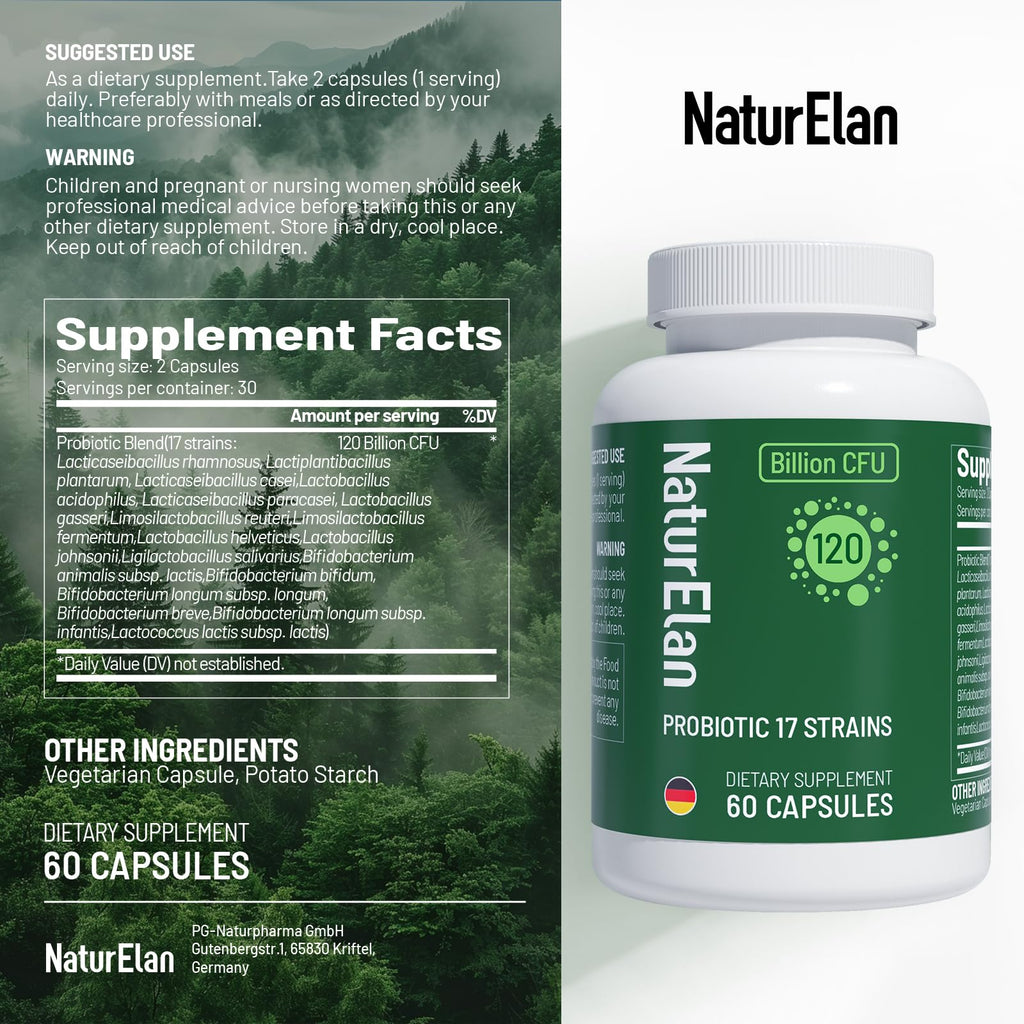 Probiotics for Women & Men - 120 Billion CFU, 17 Powerful Strains for Gut Health, Immunity & Fast Bloating Relief, Third - Party Tested, Non-GMO & Vegan Probiotics Formula for Digestive Health, 60 CT NaturElan Au supplements