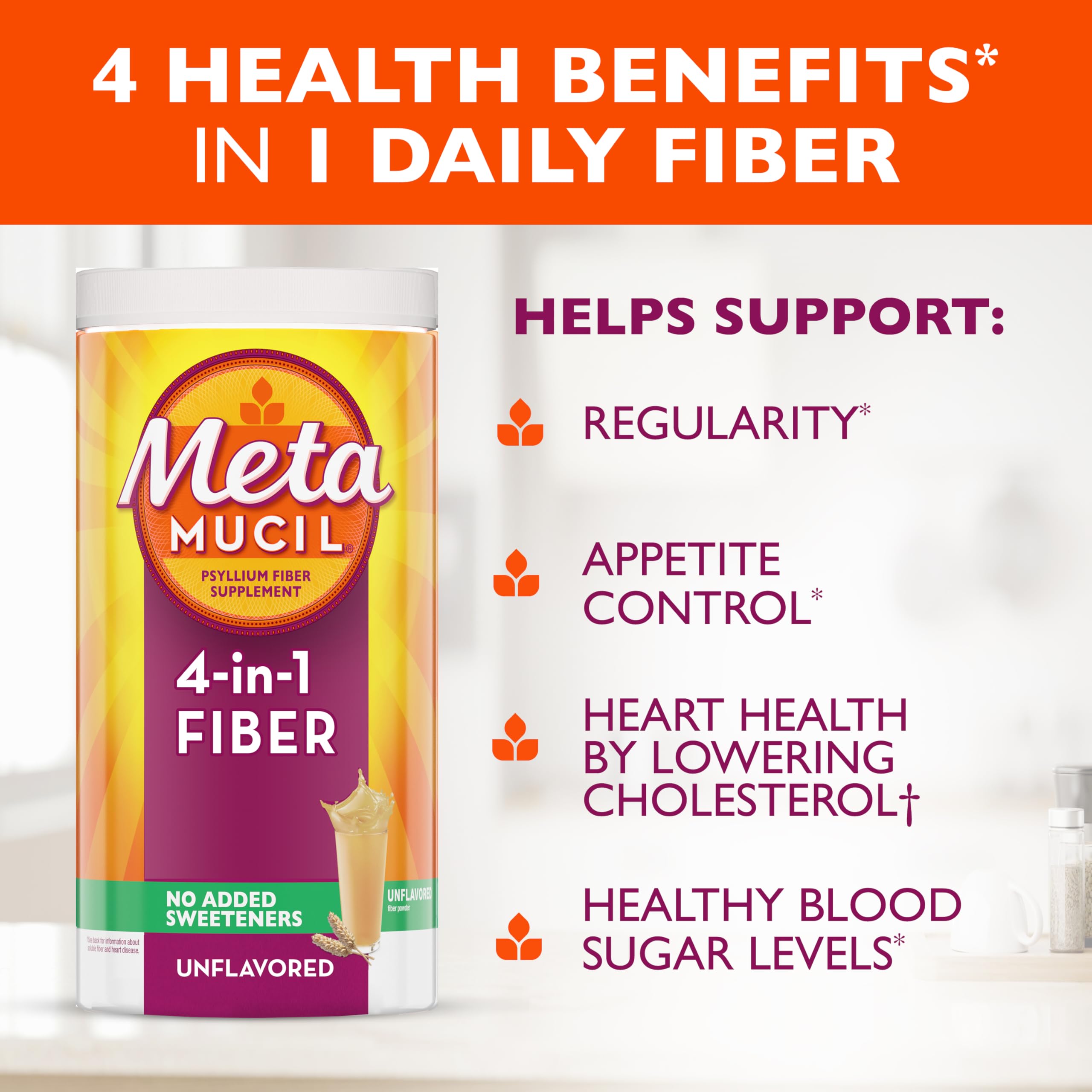 Metamucil, Psyllium Husk Powder, Unflavored with No Added Sweeteners, 114 Servings, 4-in-1 Fiber Supplement, Daily Psyllium Husk Fiber Powder