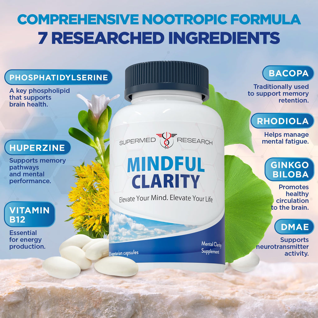 Supermed Research Mental Clarity & Focus Supplement with Bacopa, Rhodiola, Ginkgo Biloba, Huperzine, Vitamin B12, DMAE – Vegan Nootropic Brain Supplement for Memory and Brain Health (120 Capsules) Supermed Research Au supplements