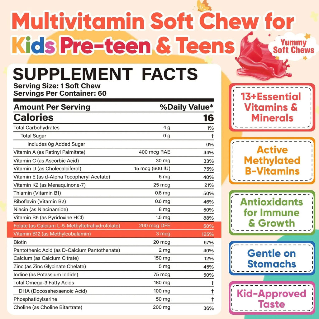 Methylated Multivitamin for Kids Pre-Teen Teens Gummies, Vitamin w/ Omega-3(DHA), Choline, Calcium, D3 K2, Methylfolate & B12 NEVISS Au supplements