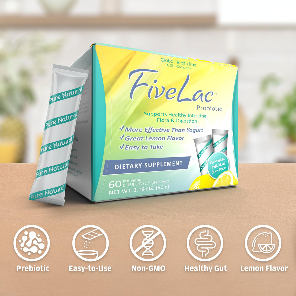 Global Health Trax GHT - FiveLac Lemon Probiotic Powder Drink Mix, Probiotics for Women, Men, Kids - Smooth Digestive Support & Elimination – Relieve Constipation & Gas - 60 Packets, 3.18 Oz, Non-GMO ght Global Health Trax Au supplements