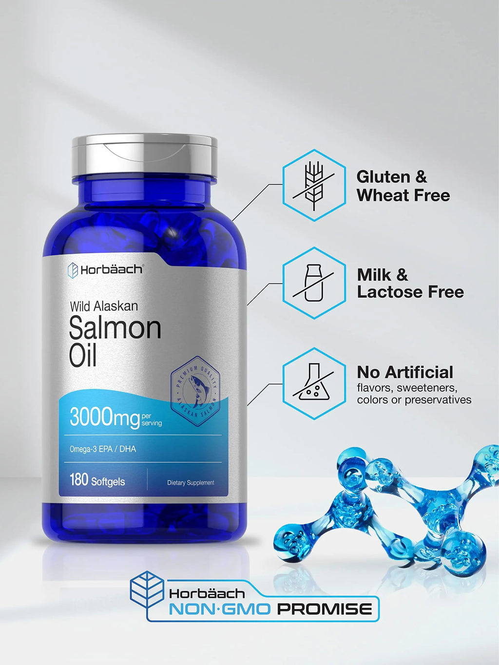 Wild Alaskan Salmon Fish Oil | 180 Softgel Capsules | Gluten Free, Non-GMO | High Potency Horbäach Au supplements
