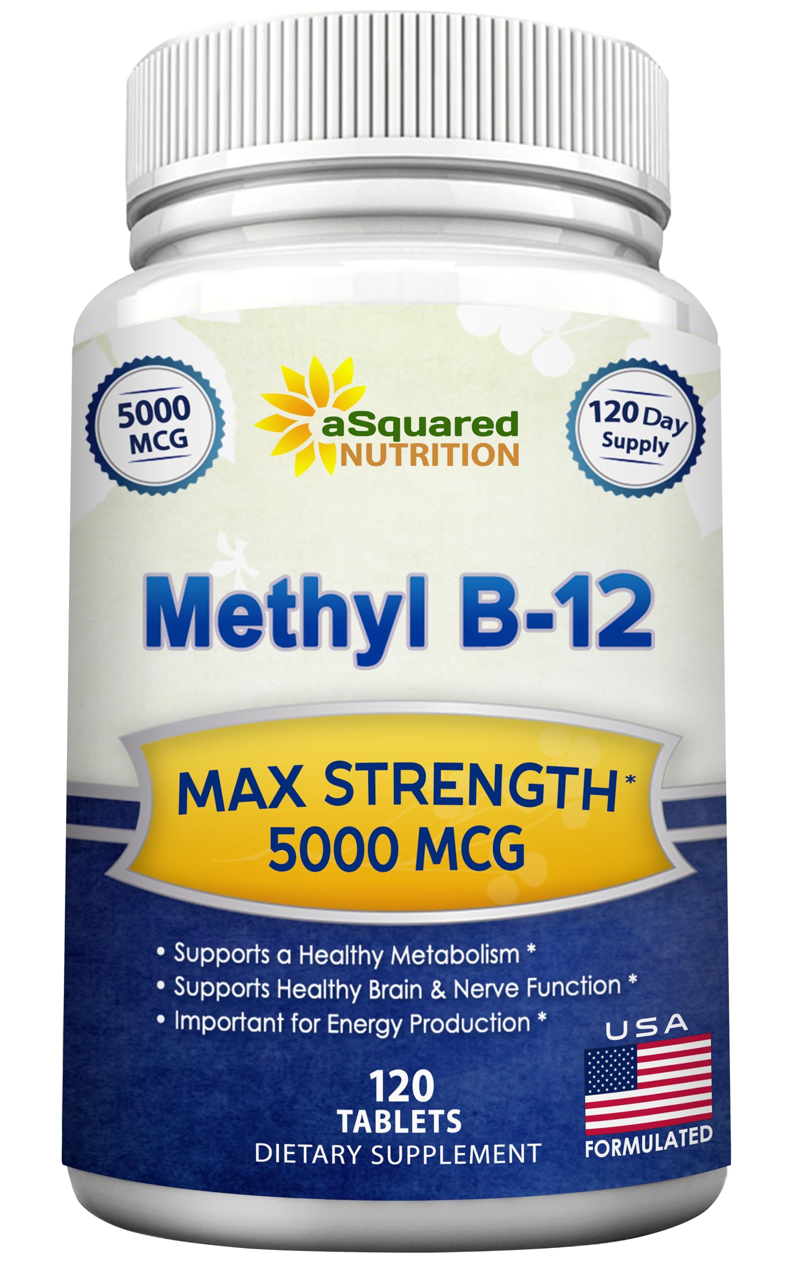 aSquared Nutrition Vitamin B12-5000 MCG Supplement with Methylcobalamin (Methyl B-12) - Max Strength Vitamin B 12 Support to Help Boost Natural Energy,