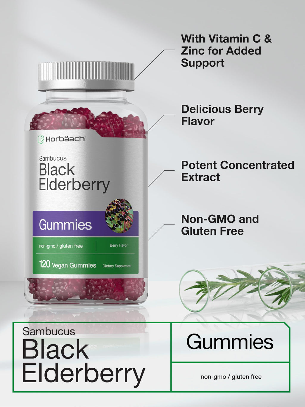 Horbaach Black Elderberry Gummies | 120 Count | Sambucus Extract | with Zinc and Vitamin C | Berry Flavor | Vegan, Non-GMO