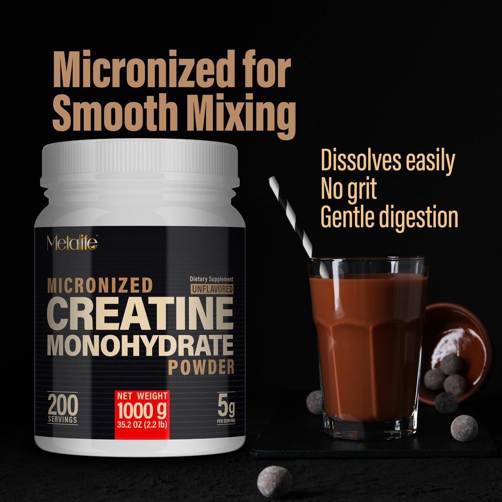 METALIFE 100% Pure Creatine Monohydrate Powder, Canada-Made, 1000 g (200 Servings) Micronized Powder, Muscle Growth, Unflavored, Ideal for Athletes & Fitness Enthusiasts, Third party lab tested, Vegan METALIFE Au supplements