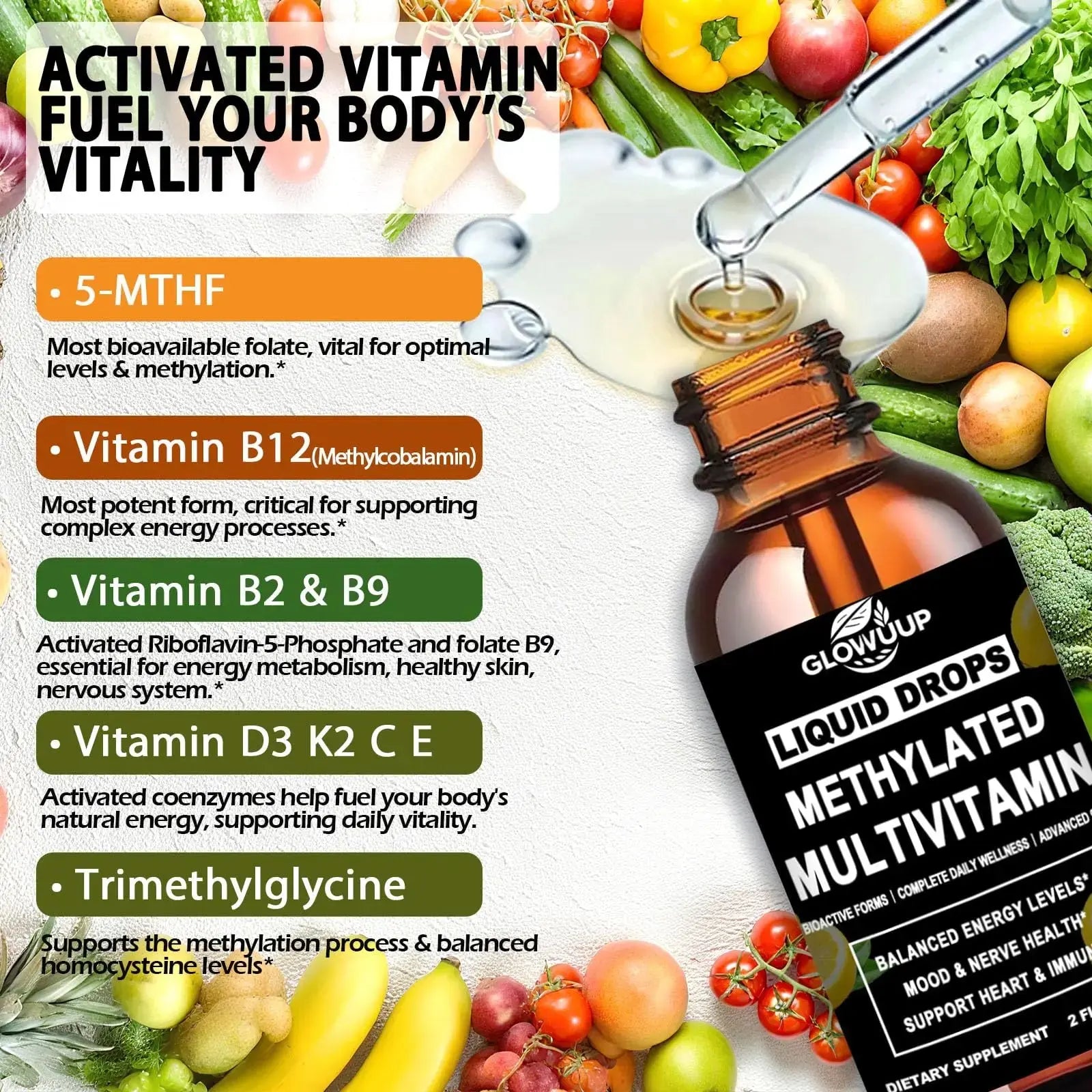 Multivitamin for Women & Men, Methylated Multivitamins & Multiminerals liquid Drops with Methylfolate B12 B2 Vitamin C E D3 K2 GLOVVUUP Au supplements