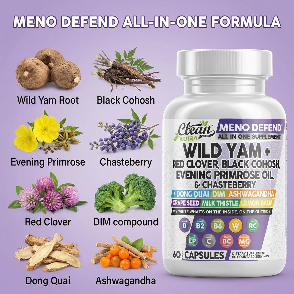 Clean Nutra Wild Yam Root Capsules with Red Clover Black Cohosh Evening Primrose Oil Chasteberry Dong Quai DIM Ashwagandha Grape Seed Extract Milk Thistle Lemon Balm