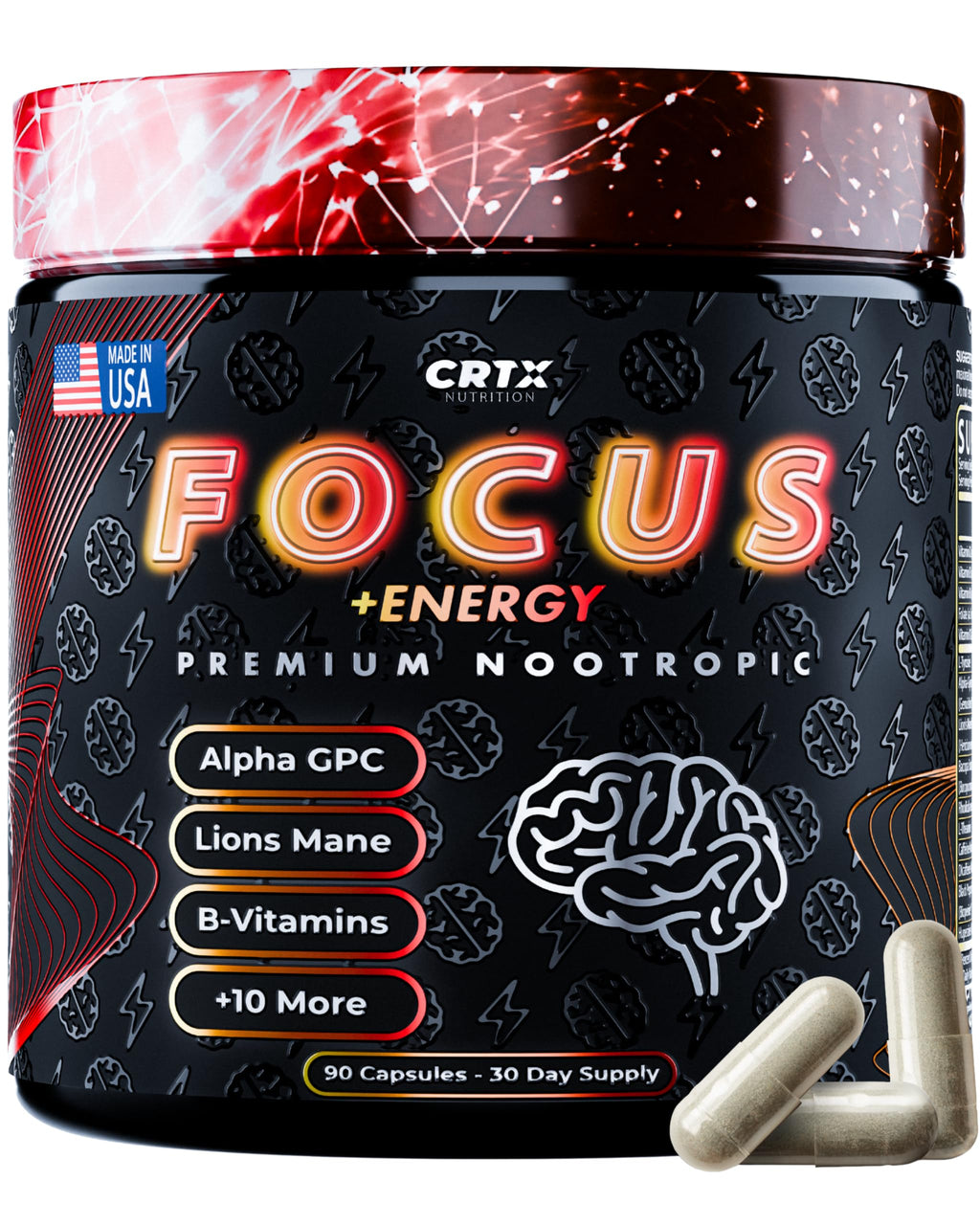 Nootropic Strongest Focus Supplement - Clinically Backed Ingredients Made in USA - Scientifically Backed Doses - Supplement for Brain Fog - AlphaGPC, Lions Mane, Rhodiola and More 10:1 90 Capsules CRTX Nutrition Au supplements
