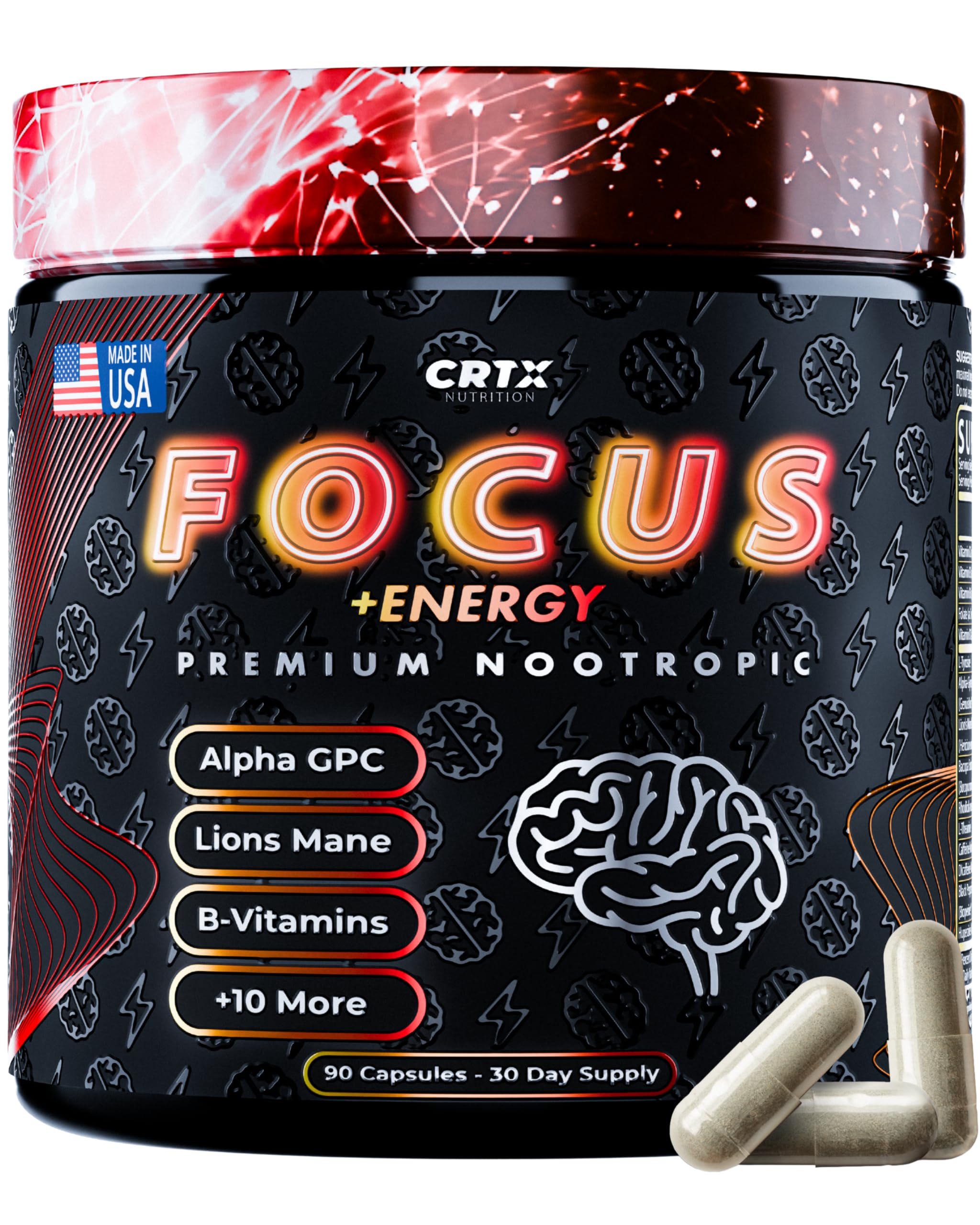 Nootropic Strongest Focus Supplement - Clinically Backed Ingredients Made in USA - Scientifically Backed Doses - Supplement for Brain Fog - AlphaGPC, Lions Mane, Rhodiola and More 10:1 90 Capsules CRTX Nutrition Au supplements