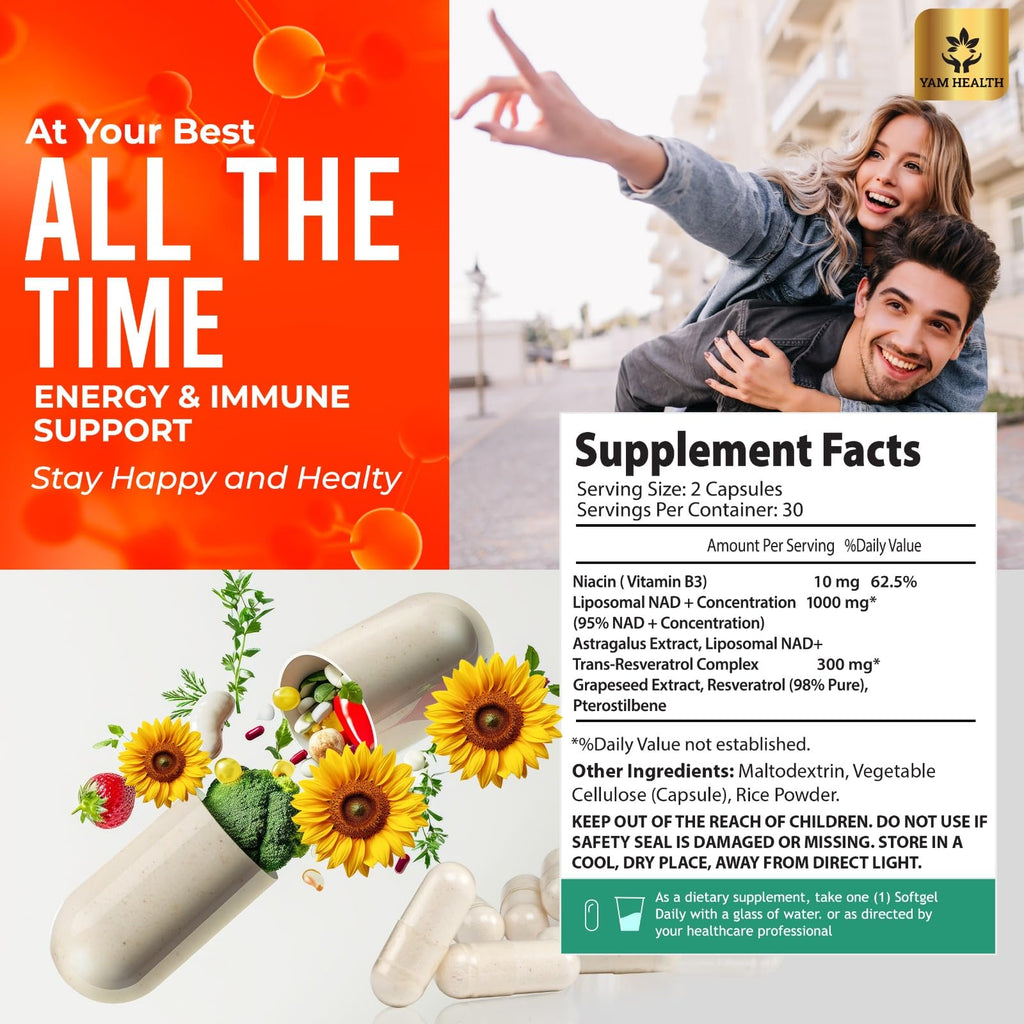 YAM Health Liposomal NAD Nicotinamide Riboside Equivalent with Trans-Resveratrol 300mg, Premium Halal NAD Supplement for Energy Metabolism, DNA Repair and Longevity, Vegan, Non-GMO (60 Count) YAM Health Au supplements
