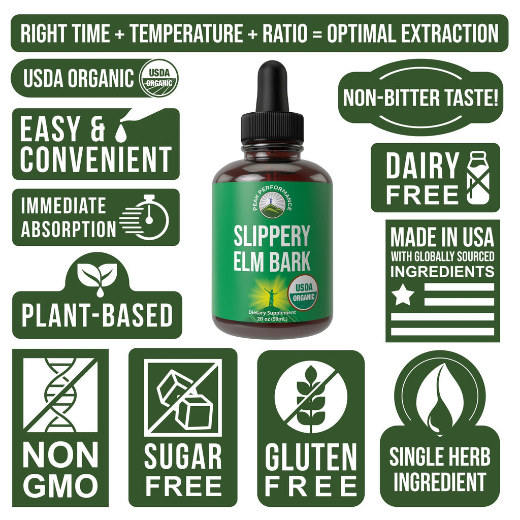 Slippery Elm Bark USDA Organic Vegan Liquid Drops. Extract with High Bioavailability for Women, Men, Kids. for Sore Throat, Irritated Stomach. Zero Sugar, Gluten Free, Tincture Supplement No Capsules Peak Performance Au supplements