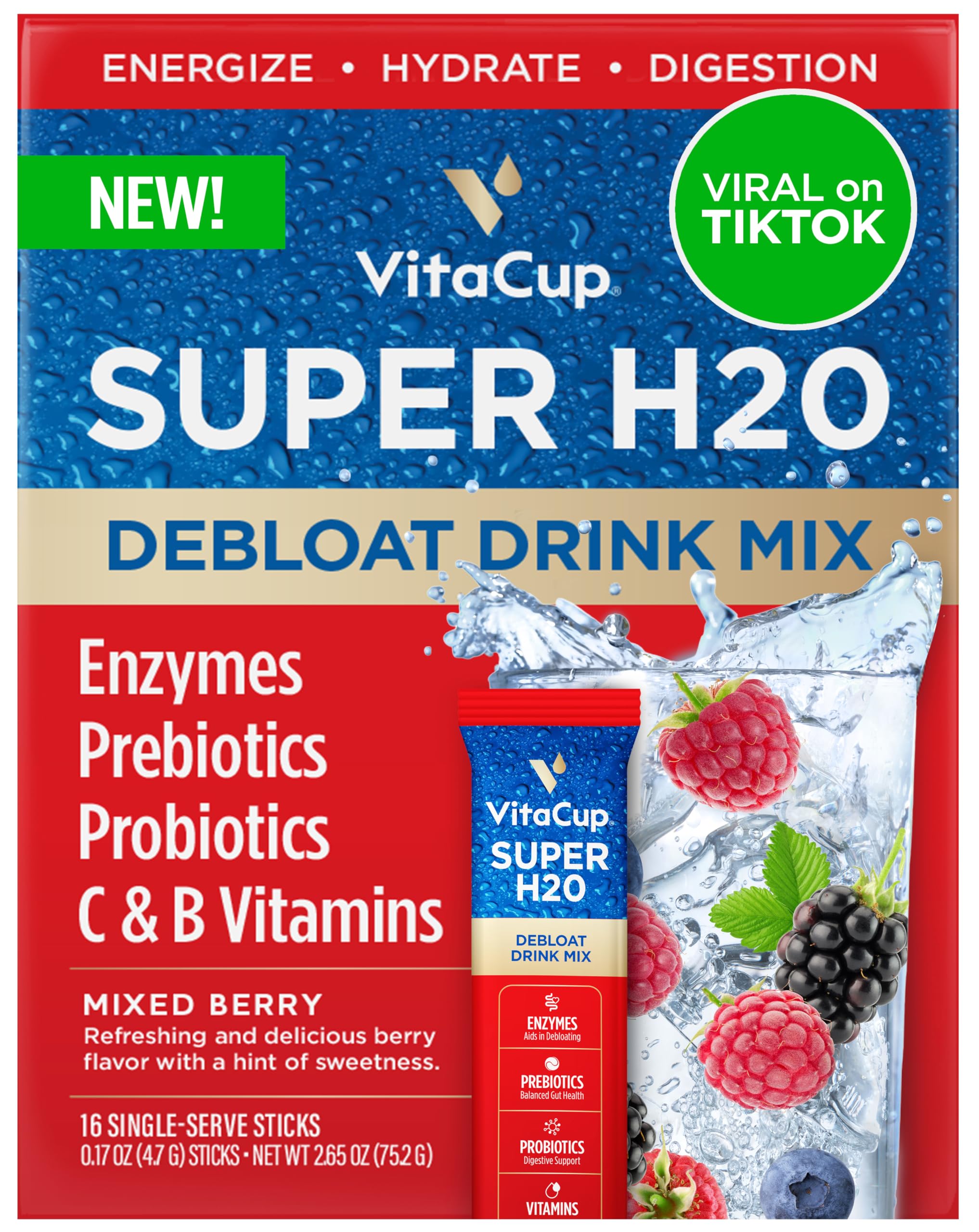VitaCup Super H2O Bloating Relief and Digestive Health Drink Mix Packets, Probiotics, Prebiotics, C & B Vitamins, Mixed Berry Flavor Water Enhancer Packets, 16Ct VitaCup Au supplements