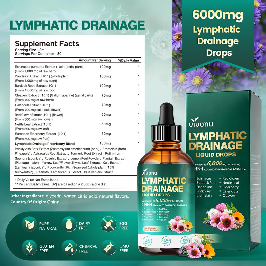 21-in-1 Lymphatic Drainage Drops for Liposomal, Immune & Lymph System Support Supplement for Women & Men with Echinacea, Dandelion