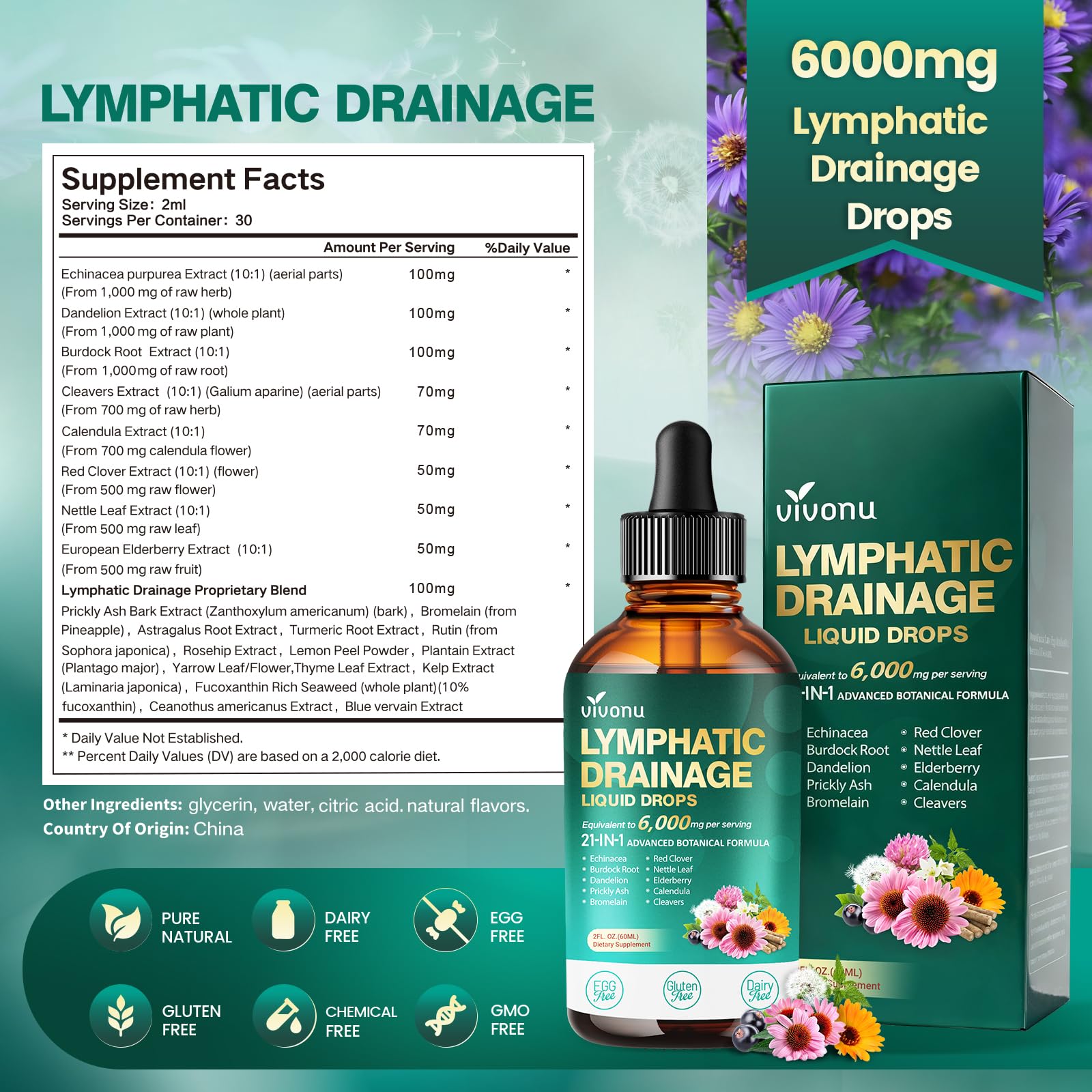 21-in-1 Lymphatic Drainage Drops for Liposomal, Immune & Lymph System Support Supplement for Women & Men with Echinacea, Dandelion