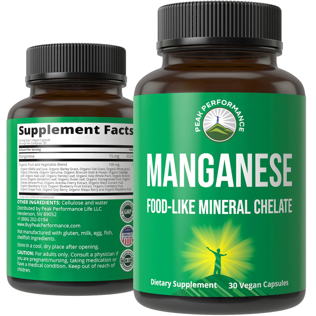 Manganese Supplement Food Like Mineral Chelated for Superior Absorption with Whole Food Blend of 25+ Fruits & Vegetables. Pure Trace Mineral Capsules for Connective Tissue, Bone Health, Enzyme Support Peak Performance Au supplements
