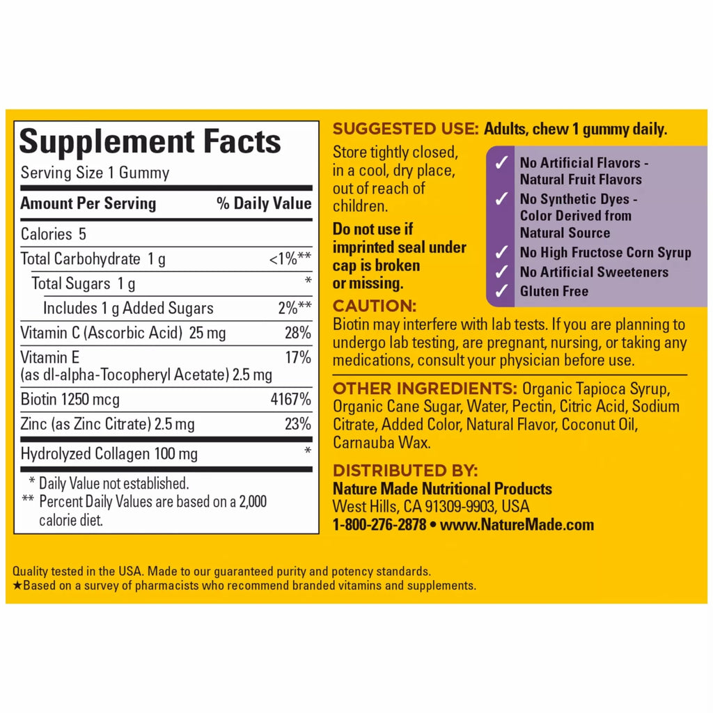 Nature Made Collagen Gummies with Vitamin C, Zinc, Biotin, Hydrolyzed Collagen Peptides for Women and Men