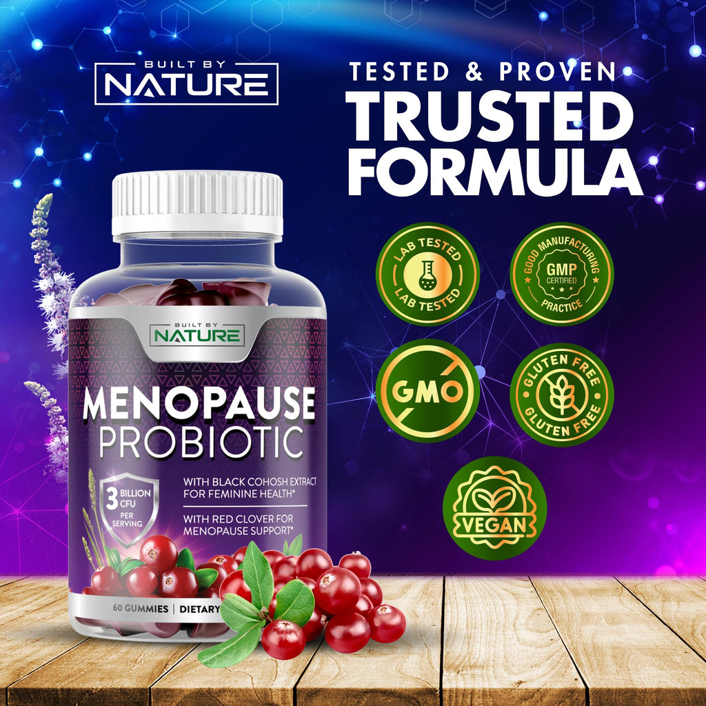 Menopause Supplements for Women - Menopause Probiotic Gummy - Women’s Menopause Relief for Hot Flashes, Night Sweats & Mood Swings with Black Cohosh & Cranberry - Non-GMO, Vegan - 60 Gummies Built by Nature Au supplements
